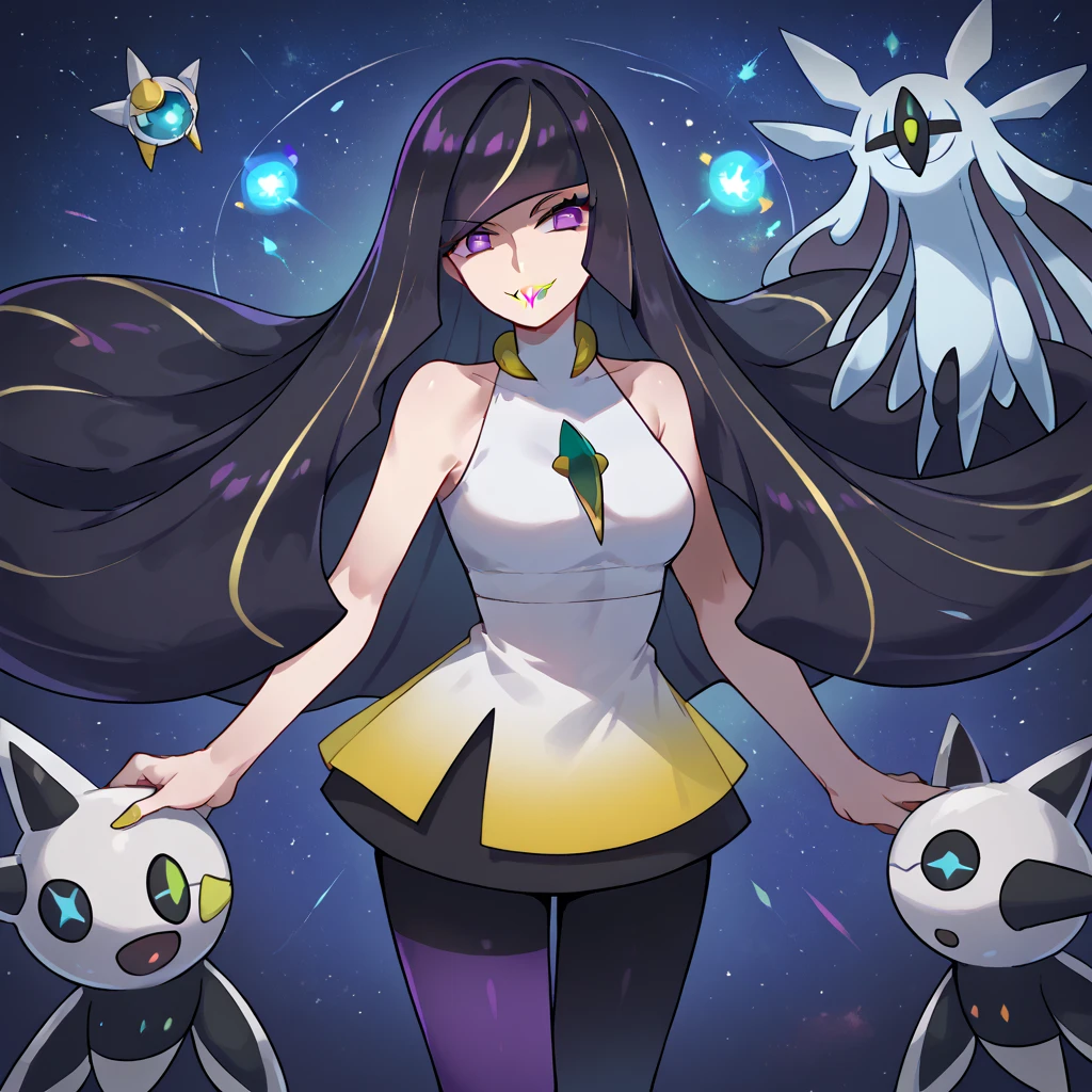 woman, long hair, black hair, purple eyes, sleeveless dress, medusa, highres, Nihilamine, Agglomeration_fused (pokemon), Agglomeration (pokemon), pokemon (creature), short bangs, looking at viewer, short dress, evil smile, bare shoulders, leggings, glowing, large breasts, yellow lipstick, anime style, cosmic, Lusamine