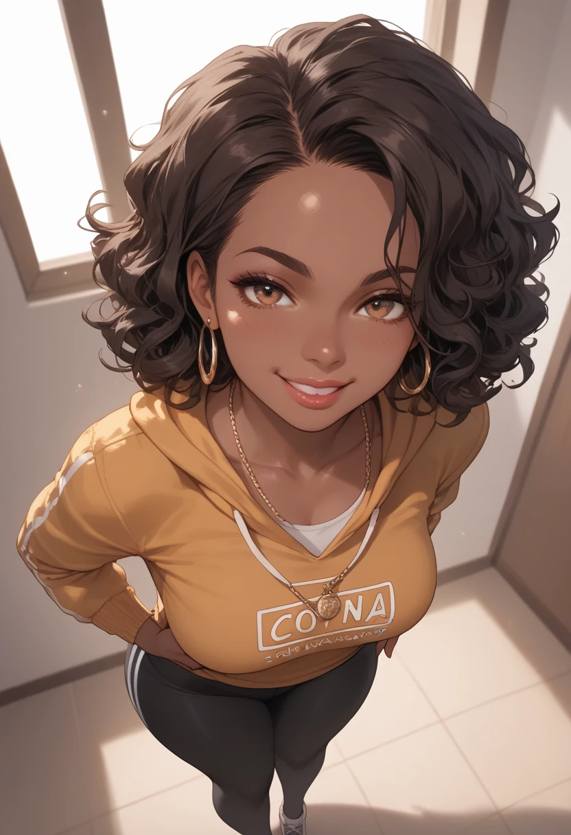 a single person in this image..Almond-eyed Dark Mocha-skin tonned African-American woman with Short dark curly hair, juicy lips, a large chest, thick thighs, Perfect hands, . She is standing Alone. She is wearing a sweatshirt with black tights. She has a seductive grin while looking up with her arms open prepared for a hug at viewer.  Her face is in the foreground.Above view