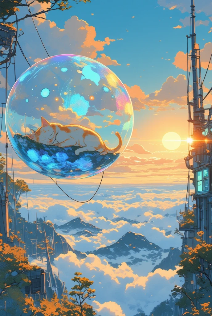 from above, fantasy fairy tale art, a cat taking a nap trapped in an iridescent soap bubble, the cat sways and soars higher and higher into the sky without noticing, the sun looks surprised, the earth gets smaller and smaller, magnificent view, professional and perfect composition, extremely delicate depiction, extremely clear image, various effects, ultra detailed, absolutely resolution, masterpiece