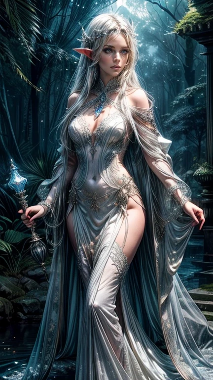 The Elven princess embodies an otherworldly kind of beauty. Imagine this: Face: Flawless, with skin that seems to hold the pale moonlight itself. Her features are delicate yet strong, with a perfectly sculpted jawline and high, arched cheekbones. Eyes: Large and luminous, their color reflecting the magic of the Elven realm. Maybe they're a startling emerald green, mirroring a sunlit forest, or a deep sapphire blue, like a twilight sky. Hair: Long and flowing, it could be the color of spun moonlight - a silvery blonde that shimmers with an ethereal glow. Or perhaps it's the rich brown of deep earth, adorned with braids woven with wildflowers or sparkling dewdrops. Physique: Slender and graceful, she moves with the effortless agility of a creature born of the forest. Every step is light and surefooted, hinting at hidden strength. Attire: Imagine flowing gowns fashioned from the finest silks, spun by elven spiders and dyed with the vibrant hues of wildflowers. Delicate gold filigree could adorn the edges, or perhaps leaves woven from moonlight shimmer along the hems. A crown of intricately woven vines or a circlet of polished gemstones might adorn her head.