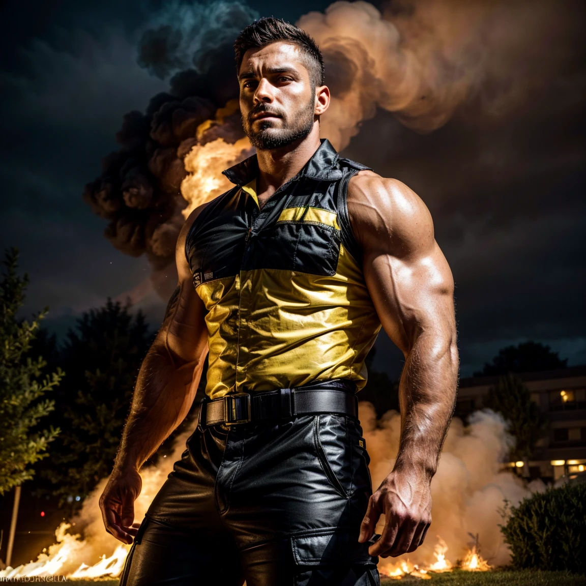 muscular man in black uniform, emitting energy rays from hands, destroying large chemical factory, hyper detailed, cinematic lighting, dramatic composition, high contrast, vibrant colors, unreal engine, 8k, photorealistic, award winning cgi, masterpiece, ultra-detailed, stunning, spectacular, powerful, awe-inspiring, dynamic action pose, muscles rippling, intense concentration on face, factory in flames, billowing smoke, shattered glass, debris flying, epic scale, dramatic atmosphere, moody lighting