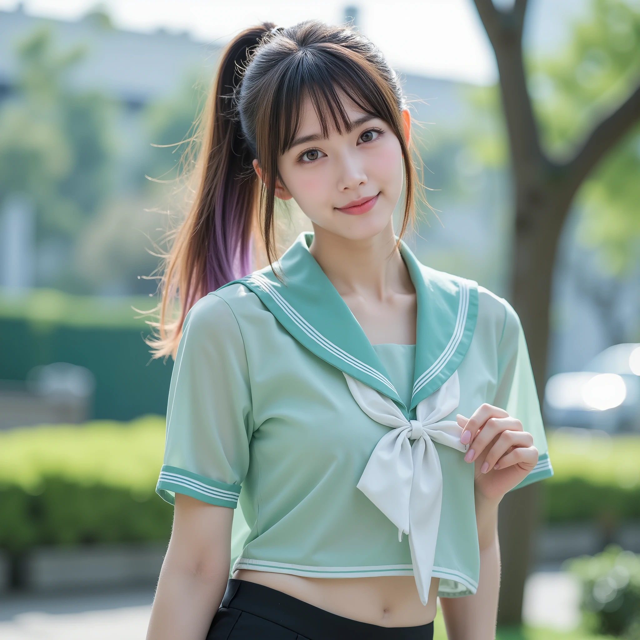 (Masterpiece RAW Photos :1.30,  Professional photography, ( High Definition Clear Focus   :1.5),   movie lights, ((     full body shot  :1.4)), break, ( Super Detailed Beautiful Faces:1.10), (  Extremely elaborate and beautiful slim body  :1.9), 21 years old, (    very detailed and beautiful Japanese beauty idol   :1.7), (   cute smile:1.3),   woman in the center of the image  , break,      brown hair mixed with light purple     , Outside of the day  ,  Full Album ,   black sheer stockings   , 　
.   cute girl with a Nogizaka face     、 Full Album 、   miniskirt, ( spandex black stockings   ), Extreme realism:1.21, break,
   Ponytail Hair ,   She wears a satin uniform ,  a traditional satin sailor suit from a prestigious high school in Tokyo,  light green satin material uniform ,  Short Sleeve Sailor Suit  :1.21,  プリーツ miniskirt, ((Dynamic standing pose:1.5)) ,  see panties ,  The blouse is transparent,

