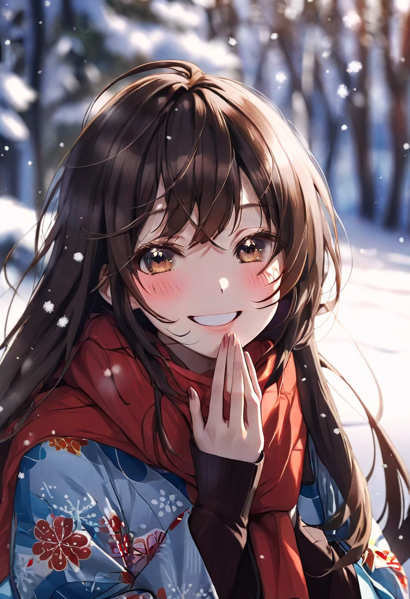 portrait, 1girl, solo, strands of hair, eyes visible through hair, cinematic lighting, dynamic shading, long dark brown hair, long bangs, long locks, wearing a ble kimono, wearing a oversized red scarf, smiling, laughing, hands on chin, looking at viewer, blushing, snow in background