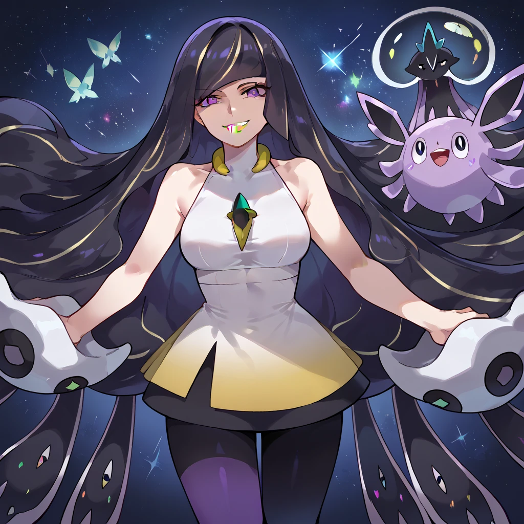 woman, long hair, black hair, purple eyes, sleeveless dress, medusa, highres, Nihilamine, Agglomeration_fused (pokemon), Agglomeration (pokemon), pokemon (creature), short bangs, looking at viewer, short dress, evil smile, bare shoulders, leggings, glowing, large breasts, yellow lipstick, anime style, cosmic, Lusamine