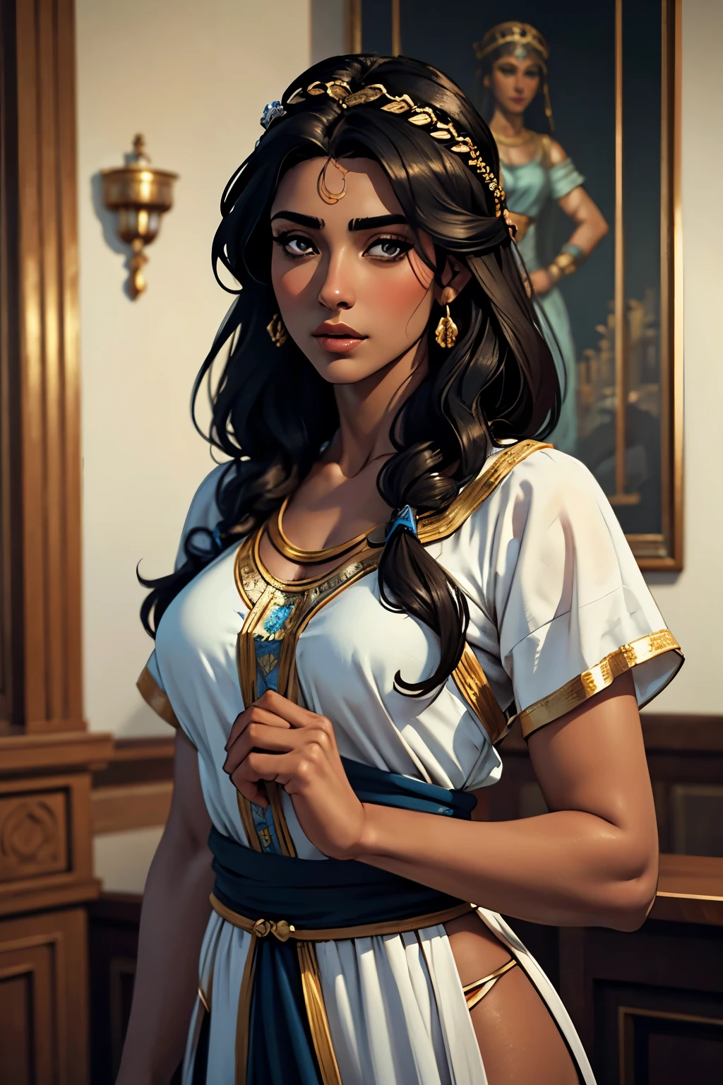 Beautiful ancient roman woman with brown skin, long black hair in a roman hairstyle, dressed in a white tunic with a blue palla, portrait, elegant, High Resolution, Masterpiece, Accurate, Anatomically Correct, Award Winning, Detail, 