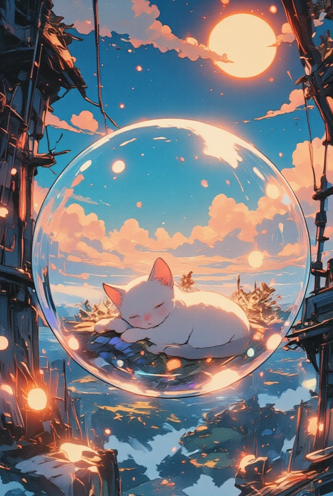 from above, fantasy fairy tale art, a cat taking a nap trapped in an iridescent soap bubble, the cat sways and soars higher and higher into the sky without noticing, the sun looks surprised, the earth gets smaller and smaller, magnificent view, professional and perfect composition, extremely delicate depiction, extremely clear image, various effects, ultra detailed, absolutely resolution, masterpiece