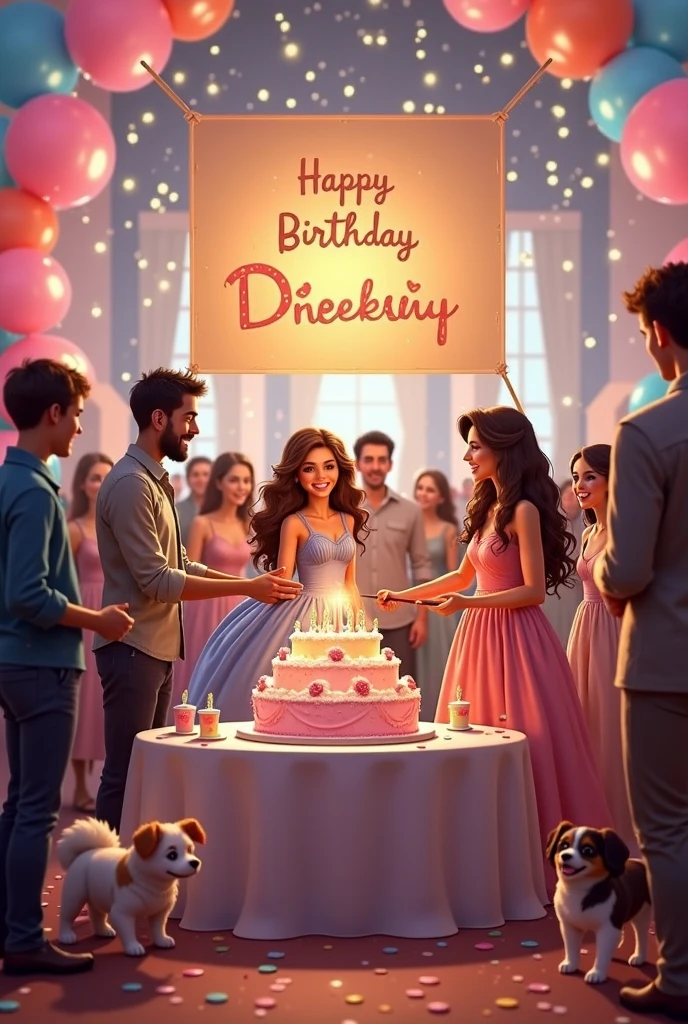 A joyful birthday scene where a Woman is wearing a beautiful dress, standing next to a cake that has 'Fiza' written on it in icing. In the background, the words 'Happy Birthday' are clearly visible, adding to the festive atmosphere. A man is clapping happily beside her, and on the back of his jacket, the name 'Aman' is prominently displayed, creating a lively and celebratory 3D environment."