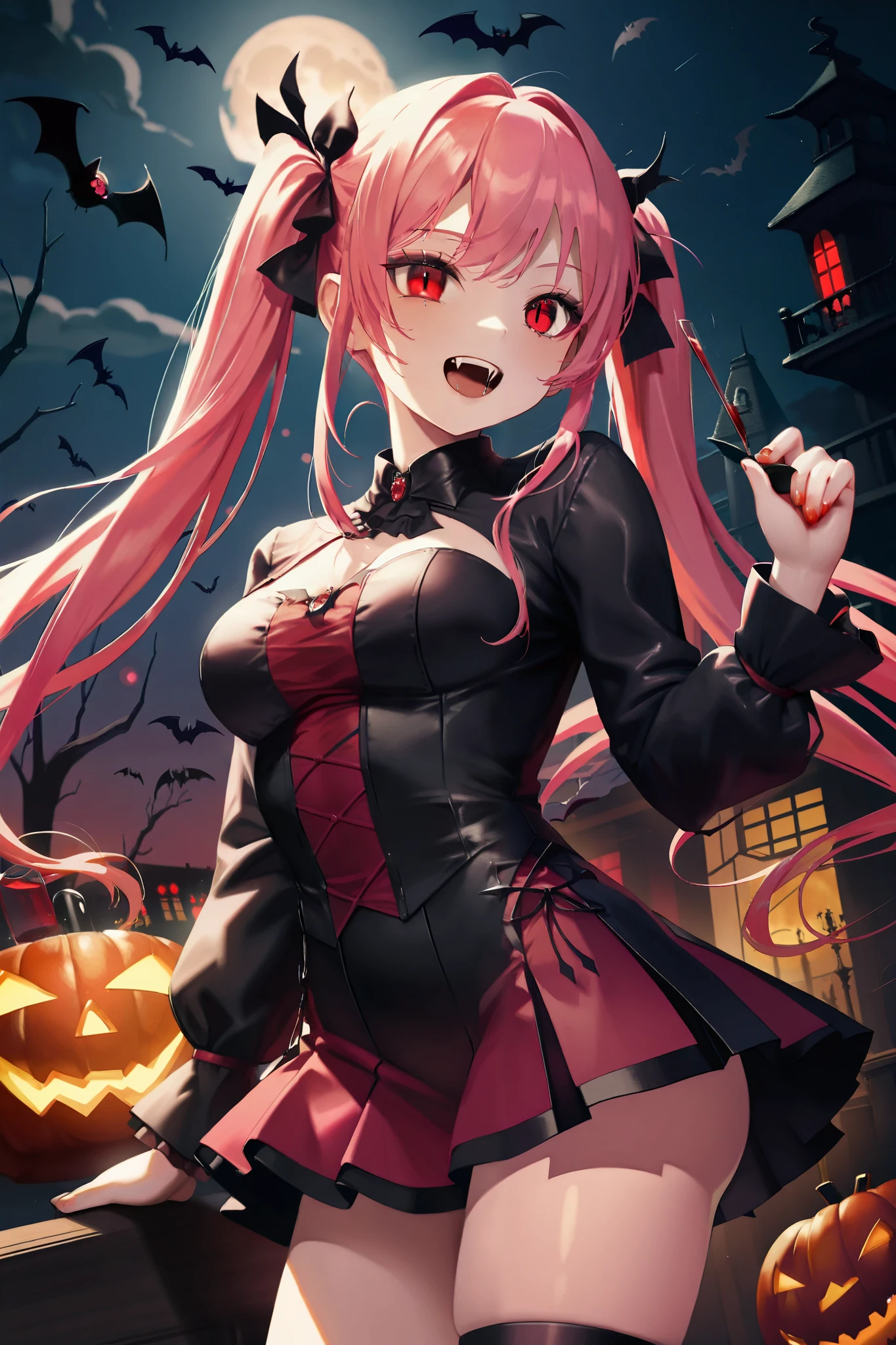 A female vampire ，Long pink hair ， black and red costume，，Second Dimension，On a full moon，There are bats，I have big breasts， has jewel-like eyes，Has beautiful bangs，Red light all around ， holding a red wine glass，Petite