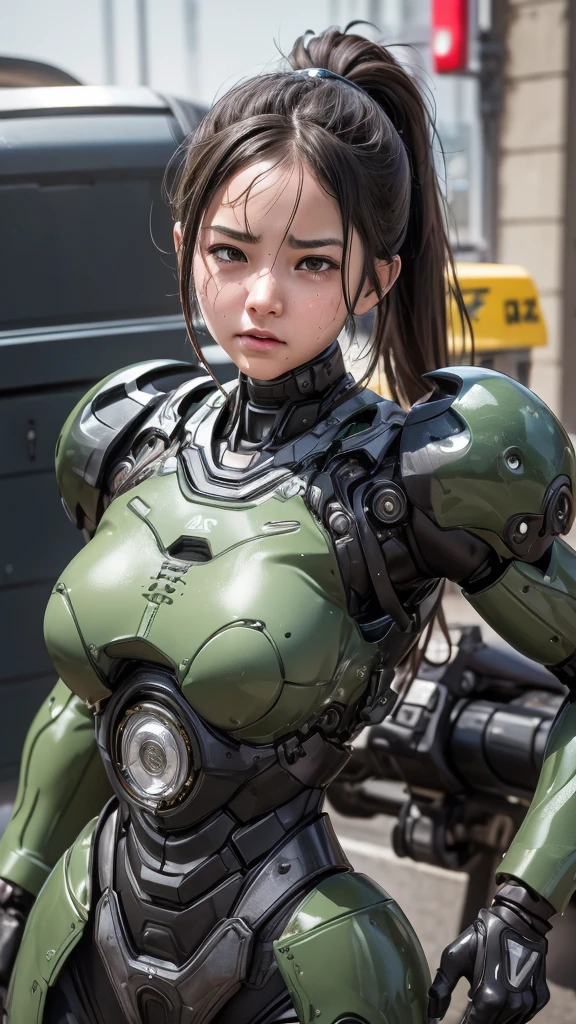  textured skin,  super detailed ,  Attention to Details ,  High Quality , 最 High Quality ,  high res, 1080P,  hard disk ,  beautiful,(There are wires and cables connected to the head and body of the combat machine ), beautifulサイボーグ女性, dark green mecha cyborg girl,battlefield, girl with a machine body ,、A modest junior high school student　 ponytail、 sweaty brown eyes 、Sweaty face、 expression of suffering　 blanking in the heart of the city　 cute　 dark-haired　((Steam coming out of my head)) ( steam coming out of the whole body )  cool pose