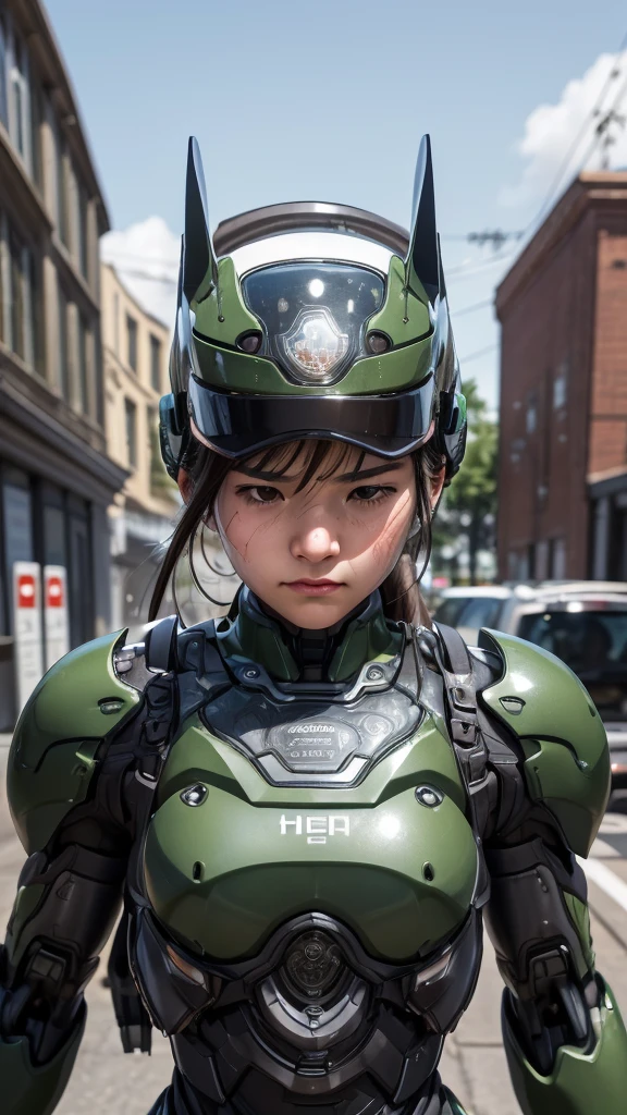  textured skin,  super detailed ,  Attention to Details ,  High Quality , 最 High Quality ,  high res, 1080P,  hard disk ,  beautiful,(There are wires and cables connected to the head and body of the combat machine ), beautifulサイボーグ女性, dark green mecha cyborg girl,battlefield, girl with a machine body ,、A modest junior high school student　 ponytail、 sweaty brown eyes 、Sweaty face、 expression of suffering　 blanking in the heart of the city　 cute　 dark-haired　((Steam coming out of my head)) ( steam coming out of the whole body )  cool pose