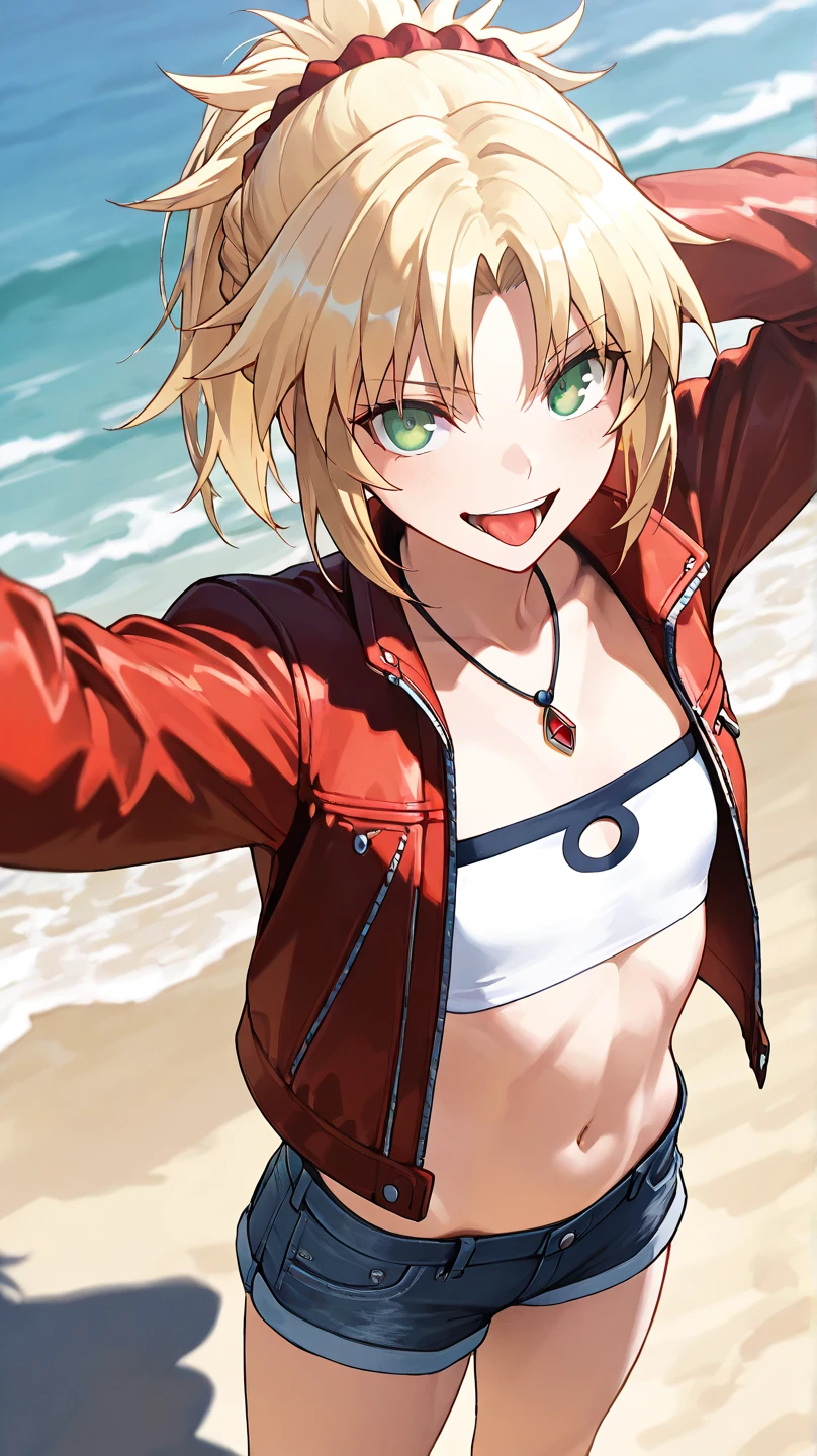 fgomordred
High quality ,  top quality , masterpiece,  high res, detailed face , anatomically correct , 
 detailed face 
緑の目,Blonde,  ponytail,  short hair, scrunchie,  red scrunchy ,  Hair Scrunchy,  flat chest, slightly toned body, a woman with a cool face , boyish woman , cool woman ,Eye colour(green)
Seaside, beautiful sea,beaches

short denim, デニム  shorts, gem, midriff, belly button,  necklace,  Red Jacket, short  shorts,  shorts,  tube top , white top,

 high angle,
solo,  1 girl,  from your hand and direct your gaze, , her face is facing directly in front of the viewer ,
 is staring, open your mouth slightly ,smile,tongue,
