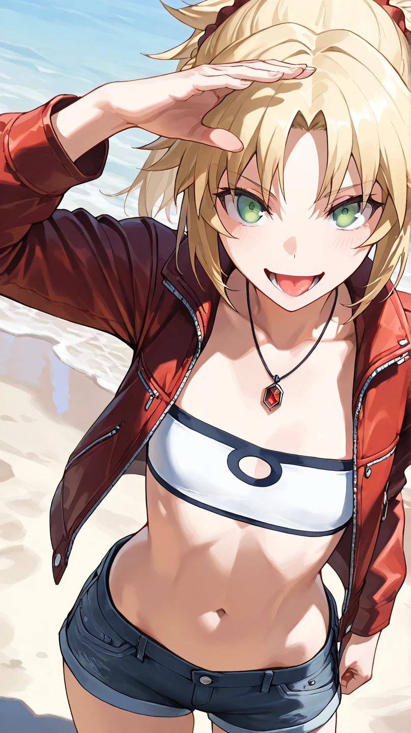 fgomordred
High quality ,  top quality , masterpiece,  high res, detailed face , anatomically correct , 
 detailed face 
緑の目,Blonde,  ponytail,  short hair, scrunchie,  red scrunchy ,  Hair Scrunchy,  flat chest, slightly toned body, a woman with a cool face , boyish woman , cool woman ,Eye colour(green)
Seaside, beautiful sea,beaches

short denim, デニム  shorts, gem, midriff, belly button,  necklace,  Red Jacket, short  shorts,  shorts,  tube top , white top,

 high angle,
solo,  1 girl,  from your hand and direct your gaze, , her face is facing directly in front of the viewer ,
 is staring, open your mouth slightly ,smile,tongue,
