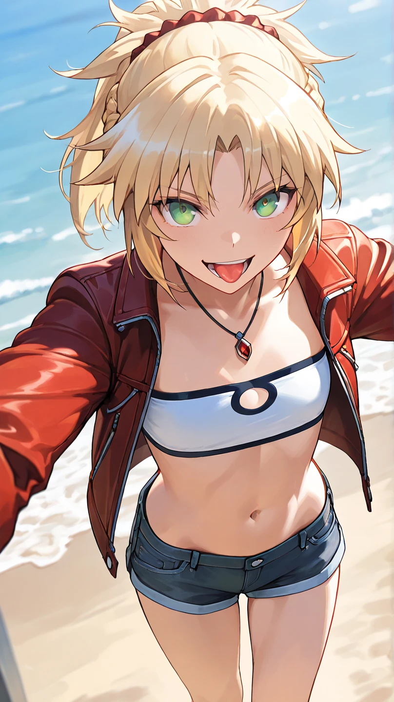 fgomordred
High quality ,  top quality , masterpiece,  high res, detailed face , anatomically correct , 
 detailed face 
緑の目,Blonde,  ponytail,  short hair, scrunchie,  red scrunchy ,  Hair Scrunchy,  flat chest, slightly toned body, a woman with a cool face , boyish woman , cool woman ,Eye colour(green)
Seaside, beautiful sea,beaches

short denim, デニム  shorts, gem, midriff, belly button,  necklace,  Red Jacket, short  shorts,  shorts,  tube top , white top,

 high angle,
solo,  1 girl,  from your hand and direct your gaze, , her face is facing directly in front of the viewer ,
 is staring, open your mouth slightly ,smile,tongue,
