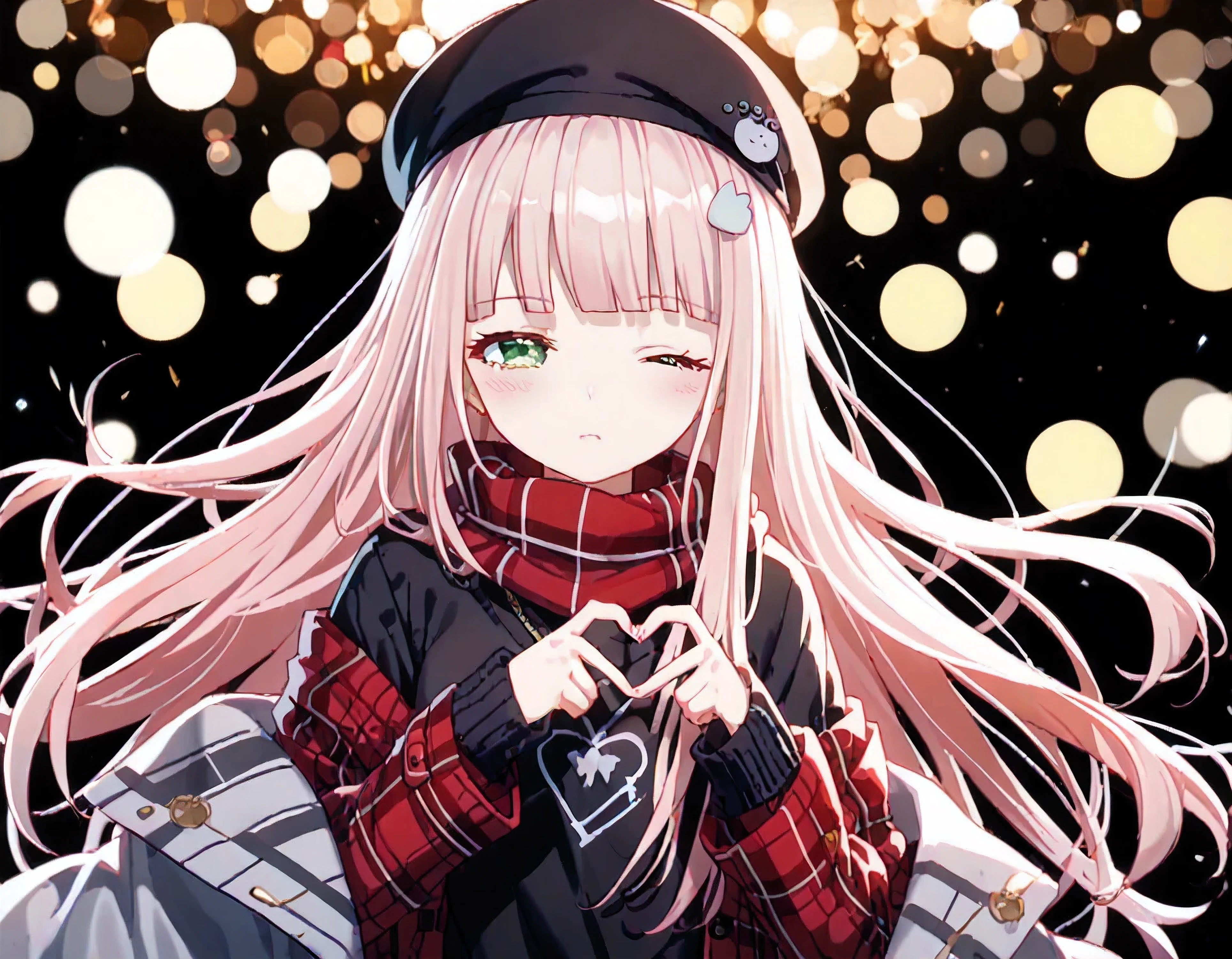 luzao\(EOE\),one girl,solo,best quality, masterpiece, ,,break,1girl,(front bokeh,upper body shot,blur background),,break, super detailed skin,very high resolution, very aesthetic, by famous artist, 8k, 16k,,beauty illustration,photoshop_(large),,(night,weak Lighting),best wallpaper,(green eyes,half-closed eyes,one eye closed,),(light_pink hair|Detailed hair|blunt bangs|shiny hair|sidelocks|slut strands),(off shoulder,gray large coat,long sleeves,black sweater,red flannel scarf),(emotionless,blush,),black beret,from above,(
4-finger heart hands, heart hands on right breast,on chest),