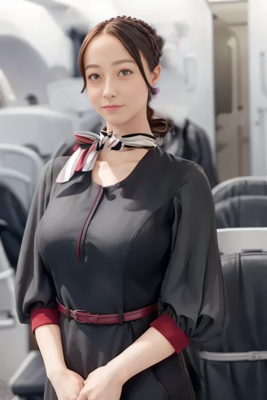  (masterpiece:1.2,  top quality :1.2), 32kHDR,  high definition  , (Alone、  1 girl)、（ on board）、In-flight background、（  wearing a JAL flightattendant uniform  ）、（（ short sleeve jumper skirt in a JAL flightattendant uniform {x} JAL flightattendant uniform 、Red belt wrapped around the waist  、 Scarf around the neck ））、  dark brown hair  、（  Super Long Hair Wrap Hair、Braid Wrap Up Hair ）、 、 long hit 、Big Breasts、Thin legs、（（ amazing hands：2.0）），（（ harmonious body proportions ：1.5）），（（Normal limbs：2.0）），（（Usually ：2.0）），（（ Delicate eyes：2.0）），（（Normal eyes：2.0））)、（ beautiful standing figure wearing a JAL flightattendant uniform  ）、Hands folded under the body 、 being crucified 