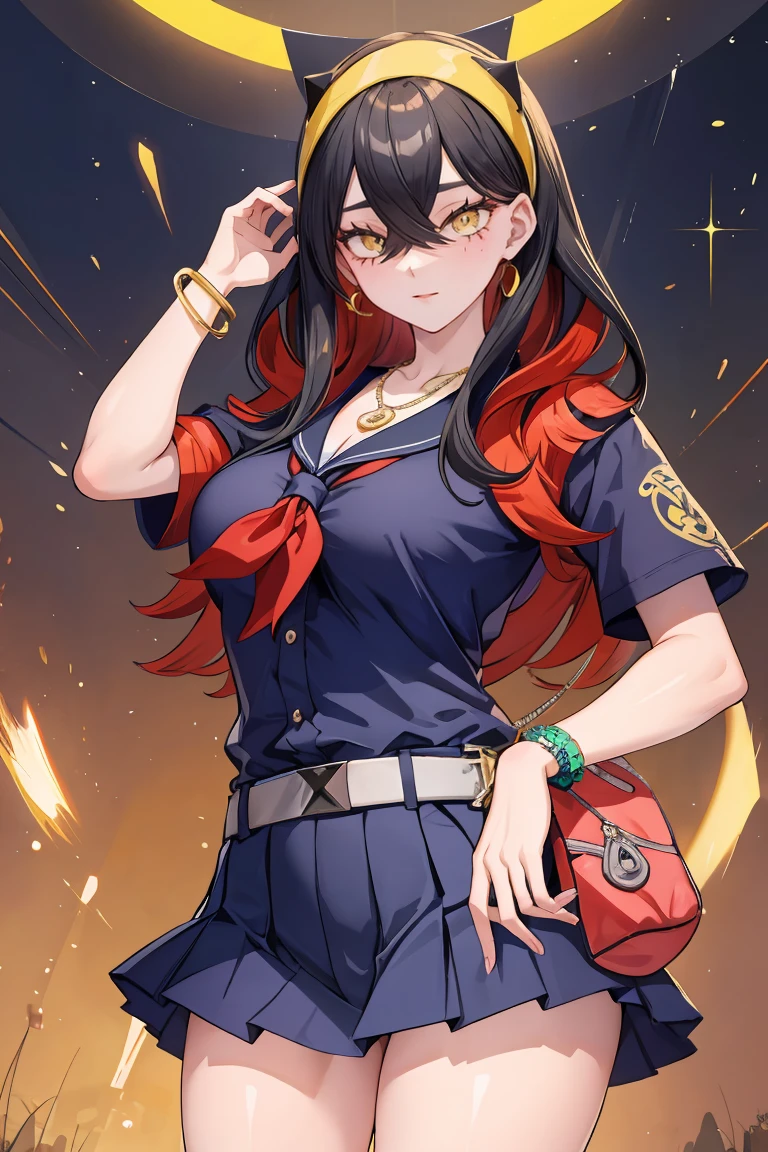 (masterpiece,  High Quality ,  high res:1), 1 girl,Alone,chest, (Kogal gyaru), pokemoncarmine,  mole under eye,  headband,  Big Breasts ,  golden accessories,   jewelry,  Bracelet , [compensate],  school uniform, Sera Clothing,  pleated skirt,  absolute domain,  SKIN DIETATION,   posing for a photo  ,  necklace,  earrings for women with first name, (compensate:1.05), (pubic hair:1.2),   PUSSY JUICE,  oily skin ,  radiant skin ,  Shiny Skin 