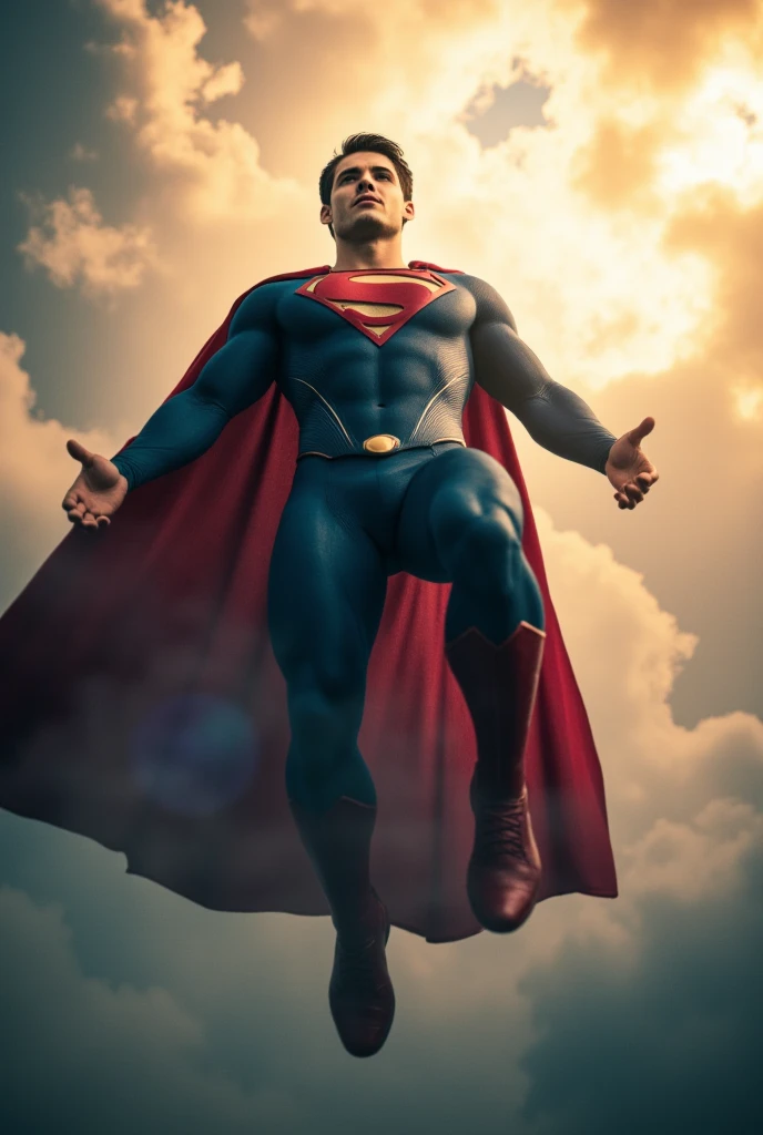 Cody Christian dressed in a clasic Superman costume, flying through the air with a cloudy sky behind him, concept art by Dan Luvisi, zbrush central contest winner, digital art, superman pose, superman, superman costume, superman is high, super high resolution, superhero body, superman emerging from the sun, Cody Christian as superman, cg art, textless, dc comics art style, mobile wallpaper