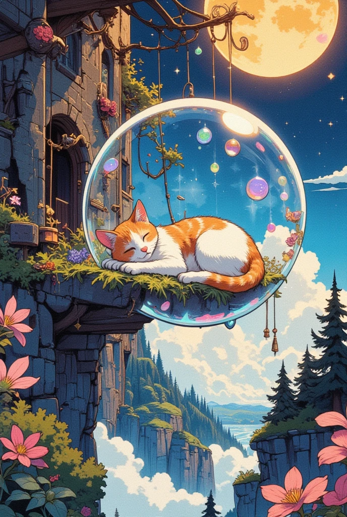 from above, fantasy fairy tale art, a cat taking a nap trapped in an iridescent soap bubble, the cat sways and soars higher and higher into the sky without noticing, the sun looks surprised, the earth gets smaller and smaller, magnificent view, professional and perfect composition, extremely delicate depiction, extremely clear image, various effects, ultra detailed, absolutely resolution, masterpiece