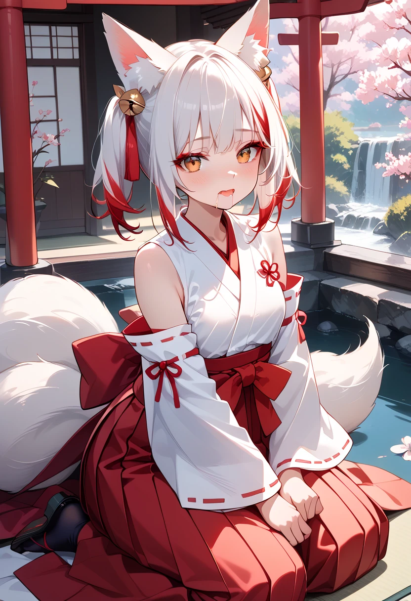 ((masterpiece, best quality, ultra detailed, high resolution, detailed facial description)), (solo, 1 noble woman:1.3), (miko, hakama skirt, detached sleeves), (fox ears, fox, tail), (long white hair, red gradation color hair:1.3), (tsurime:1.3, fox eyes), (red eyeliner), (embarrassed, blush:1.3, drooling), kneeling, (1 boy, faceless boy), (penis, paizuri), (Japanese traditional shrine)