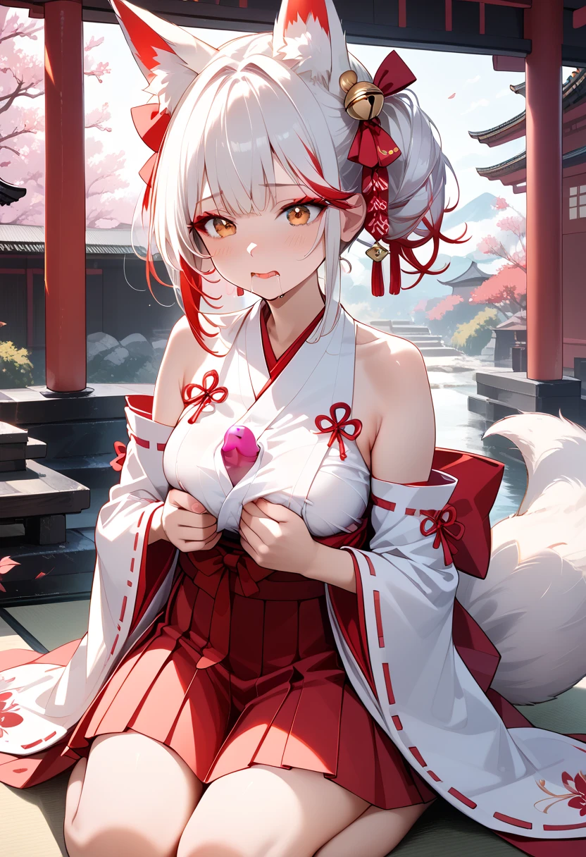 ((masterpiece, best quality, ultra detailed, high resolution, detailed facial description)), (solo, 1 noble woman:1.3), (miko, hakama skirt, detached sleeves), (fox ears, fox, tail), (long white hair, red gradation color hair:1.3), (tsurime:1.3, fox eyes), (red eyeliner), (embarrassed, blush:1.3, drooling), kneeling, (1 boy, faceless boy), (penis, paizuri), (Japanese traditional shrine)