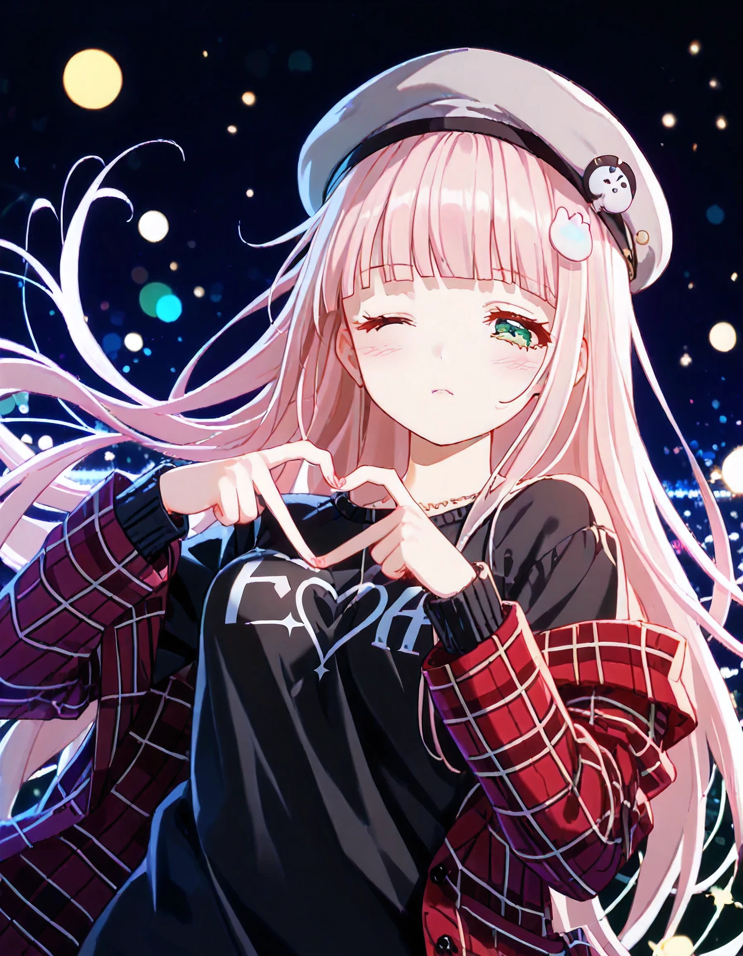 luzao\(EOE\),one girl,solo,best quality, masterpiece, ,,break,1girl,(front bokeh,upper body shot,blur background),,break, super detailed skin,very high resolution, very aesthetic, by famous artist, 8k, 16k,,beauty illustration,photoshop_(large),,(night,weak Lighting),best wallpaper,(green eyes,half-closed eyes,one eye closed,),(light_pink hair|Detailed hair|blunt bangs|shiny hair|sidelocks|slut strands),(off shoulder,gray large coat,long sleeves,black sweater,red flannel scarf),(emotionless,blush,),black beret,from above,(
4-finger heart hands, heart hands on right breast,on chest),