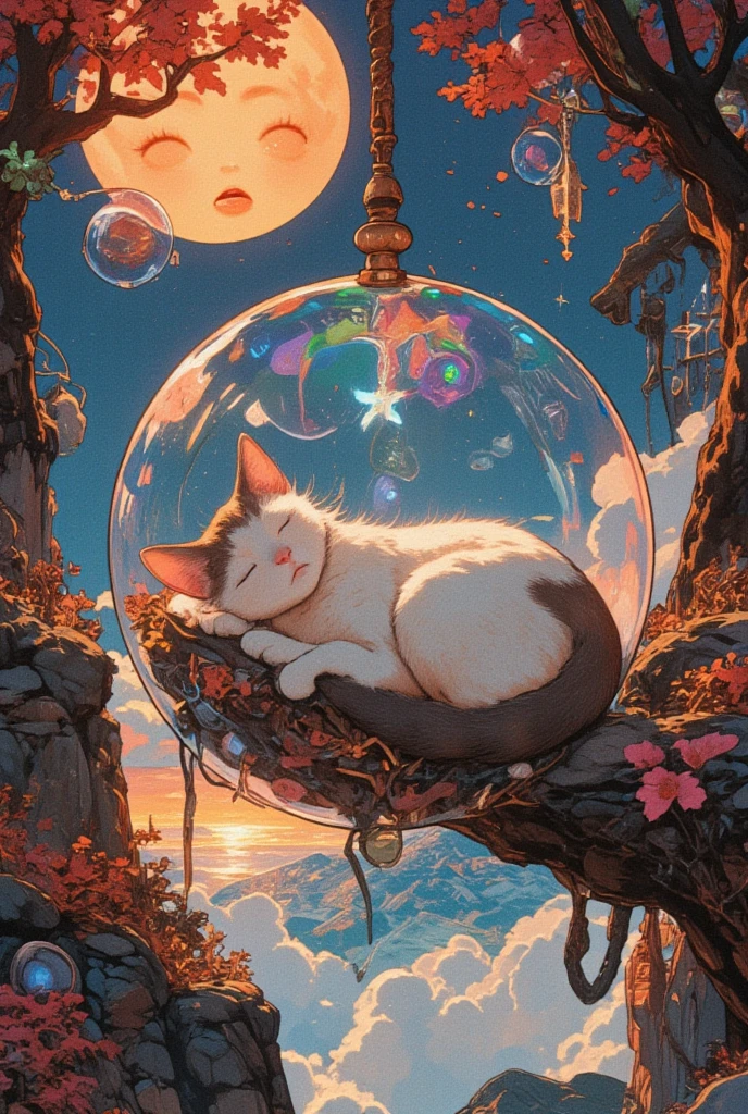 from above, fantasy fairy tale art, a cat taking a nap trapped in an iridescent soap bubble, the cat sways and soars higher and higher into the sky without noticing, the sun looks surprised, the earth gets smaller and smaller, magnificent view, professional and perfect composition, extremely delicate depiction, extremely clear image, various effects, ultra detailed, absolutely resolution, masterpiece