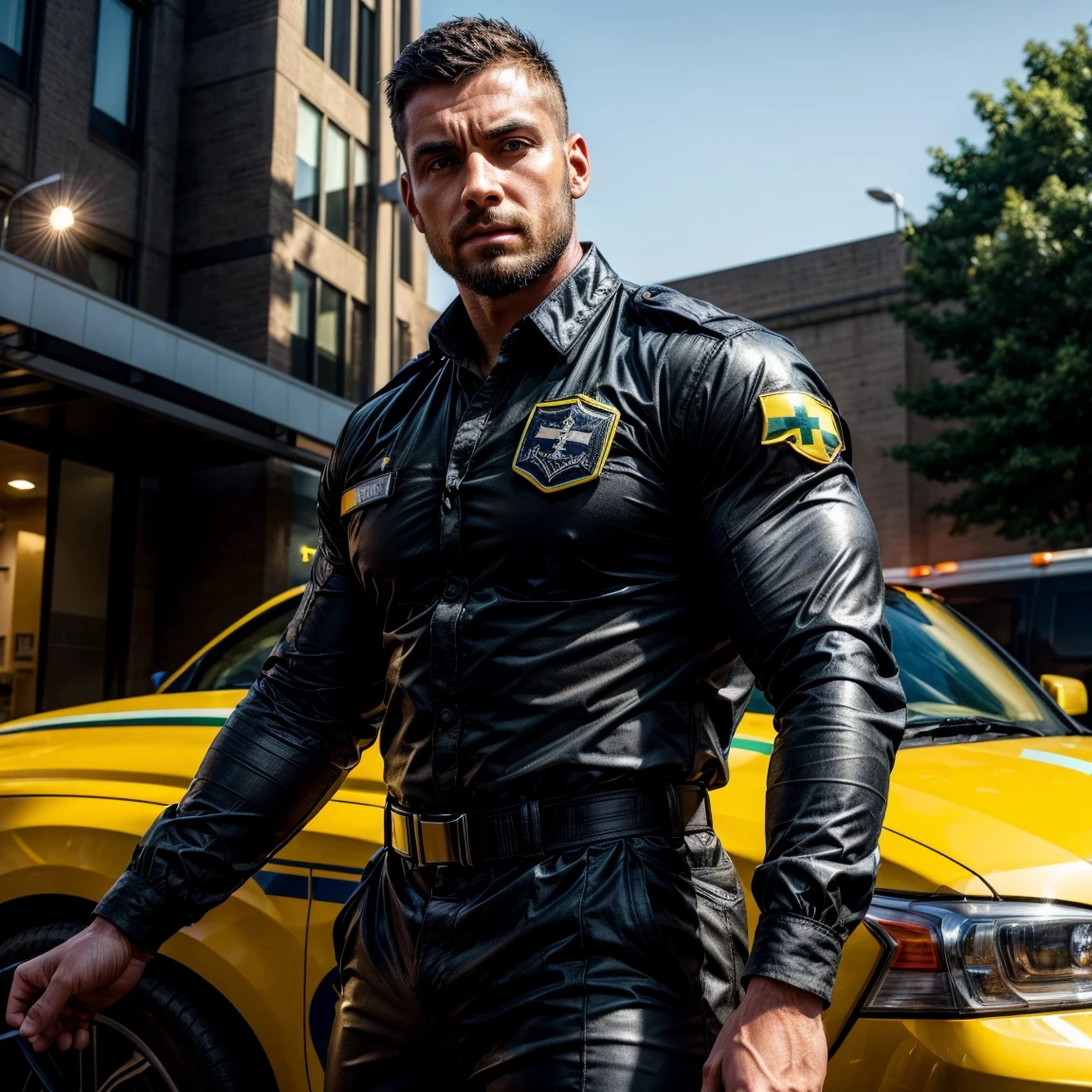 Image of handsome Caucasian male police officer in front of several police cars, staring into camera, black hair, Observe rule of thirds, position to right of image, wide angle lens, 5 meter distance from camera, landscape ,man,young,handsome face,detailed face,white skin,detailed hair,looking at viewer,(masterpiece),(best quality),(ultra high resolution),(8k resolution),(ultra detailed),(raytracing ),