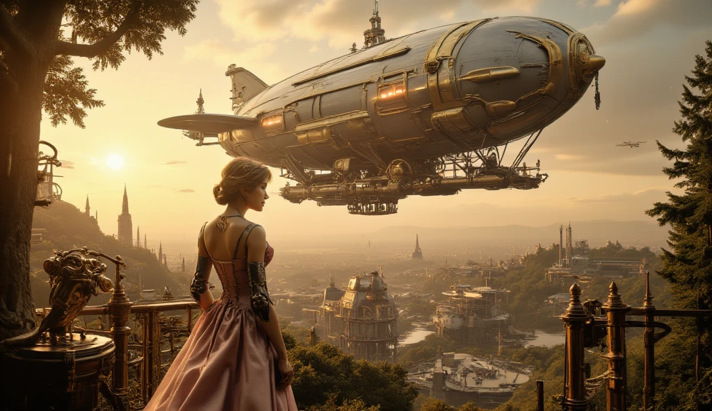 (best quality, 128k,highres,masterpiece:1.2),ultra-detailed,(realistic,photorealistic,photo-realistic:1.37), ((masterpiece)) ((photography)) ((Highest quality)) A breathtaking steampunk airship hovers gently over a lush garden terrace, bathed in the soft glow of a golden sunset. A young woman in a flowing pink gown, with delicate lace details and a waist corset, stands near the edge of the terrace, her hair fluttering in the wind. The robot beside her is humanoid, with an elegantly designed metallic body, adorned with copper gears and intricately woven steam pipes. It holds out a metallic rose with delicate petals crafted from shiny metal alloys, offering it to the woman. Behind them, the majestic dirigible glows with warm light, its propellers spinning slowly as its brass framework gleams in the sun. The sky above is dotted with smaller flying machines—hovering carriages with steam-powered engines, propelled by large metal wings and powered by glowing engines. 

In the distance, mechanical creatures roam, including an elegant steampunk owl with mechanical wings and glowing eyes, flying gracefully through the air. On the ground, a mechanical horse, its body a blend of sleek brass and copper, gallops with steam hissing from its joints. The horizon features rolling hills dotted with steam-powered factories and the occasional airship flying above, adding to the sense of a fantastical, mechanized world. The first stars of the evening start to appear in the sky, filling the scene with a sense of quiet adventure and romance.