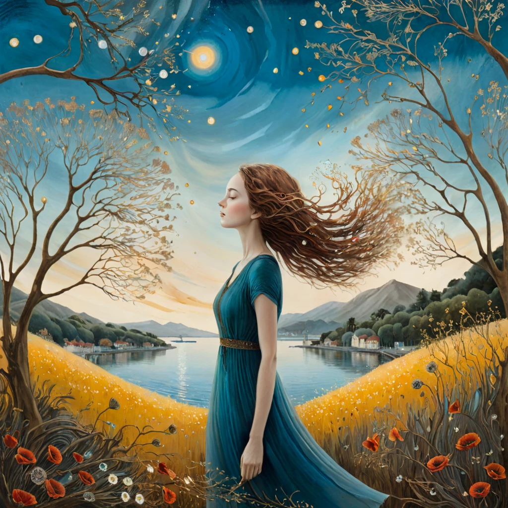 oil and acrylic painting. In the style of Andy Kehoe and Tracy Grimwood, Catrin Welz-Stein, Klimt. Background a tree-lined promenade on the waterfront. wide shot of a young woman, soft, sky-blue eyes, with light brown hair, walks by and lets the wind tousle her hair. Twisted trees, branches are transparent blown glass expanding skyward in ellipses. Dandelion blossoms, poppies, pampas grass, cherry blossoms, dried flowers bloom. Disc-shaped polychrome sun buds with marbled spirals, sunbeams like strands of coral, vitrified ambers. Warm colors, ochre yellows, browns, shades of blue, reds.
