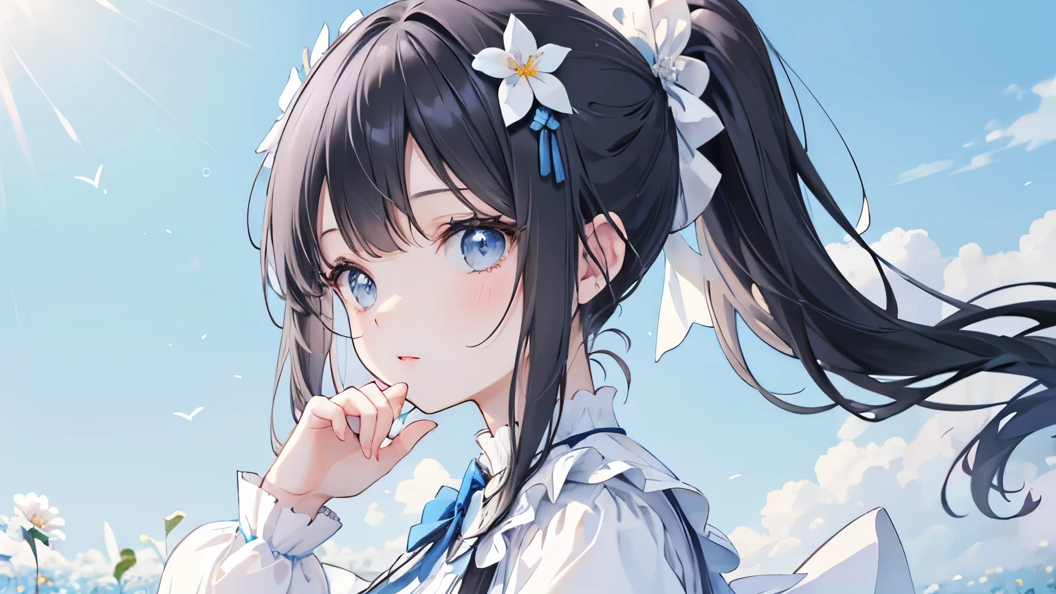 Beautiful woman wearing a light blue and white long sleeve puff sleeve dress with lots of ruffles　Black hair ponytail with hair ornament　 upper body　lipstick　Flower Field