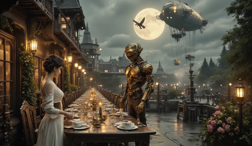 (best quality, 128k,highres,masterpiece:1.2),ultra-detailed,(realistic,photorealistic,photo-realistic:1.37), ((masterpiece)) ((photography)) ((Highest quality)) An enchanting Victorian garden dinner scene, lit by a soft glow from steam-powered lanterns hanging from twisted wrought-iron posts. A long wooden table is set with fine china and crystal glasses, reflecting the light of the surrounding glowing lanterns. In the foreground, a young woman in a white, elegant gown stands beside the table, her hair styled in an intricate updo. She gazes at a humanoid robot steampunk serving her dinner, its design sleek with intricate brass detailing, mechanical joints, and a shining dome helmet. The robot holds a silver platter, offering her a glass of sparkling wine.

In the sky above, large, majestic flying machines hover gently. There are dirigibles with massive steam-powered propellers and mechanical wings, drifting across the moonlit sky, their brass exteriors shining under the pale light. A mechanical bird with clockwork feathers and glowing eyes flies by, its wings flapping in perfect synchronicity, while a steampunk butterfly with brass wings flutters among the flowers in the garden.

The background features a high stone wall entwined with ivy, a fountain bubbling in the distance, and billowing steam rising from hidden machines scattered throughout the garden. Above, the full moon casts its silver light on the scene, casting ethereal shadows. The garden is full of mechanical roses with gears in the petals and clockwork butterflies, adding to the fantastical, magical atmosphere of this steampunk world.