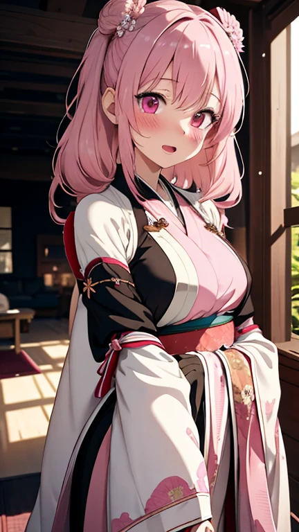 （with her mouth open：1.1），（opens his eyes wide：1.2），light particules，strong winds， （heart particles：1.1）Genshin Yokugu Palace，cabellos largos dorados，pony tails，Orange eyes，There is a fireworks-like tattoo on the left chest，Blushing and shy，Wearing white stockings，The upper body covers only the chest with a bandage，Large scale，Black collar，black kimono，Leaking out of the chest and lower body looking at the camera，Anime，delicated，Best Picture Quality，1080，sakura flowers falling，（tmasterpiece，Best quality at best，beatiful detailed eyes，ultra - detailed，Complicated details：1.2），8k wallpaper，Exquisite features， （1个Giant Breast Girl，Solo exhibition：1.4）， （textures true to reality：0.8），A high resolution，adolable，（vivd colour，动态照明：1.0），（hight contrast：0.8），2D