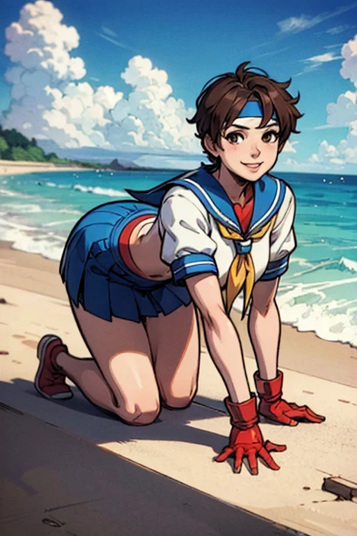 Kasugano Sakura,  brown eyes,  Short Brown Hair ,  white headband ,  sailor color , School, Short sleeve, belly button,  blue skirt, Red gloves,  viewers, smile, , Mid Shot,  outside, crowd,  sandy beach,  High Quality ,   Masterpiece  , (all fours),(side from),