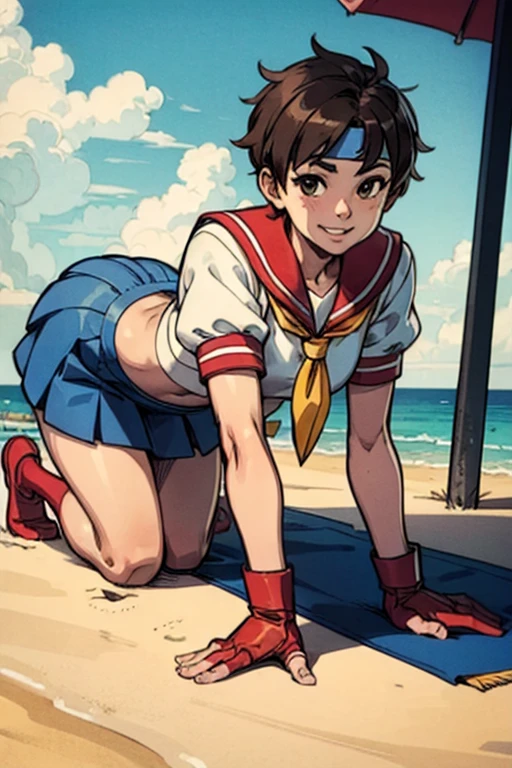 masterpiece, best quality, highres, 1girl, suzumiya haruhi, solo, superhero, leotard, bare legs, brown hair, short hair, brown eyes, hairband, medium hair, ribbon, boots, matching boots, medium breasts, cowboy shot, standing, smile, city backdrop,