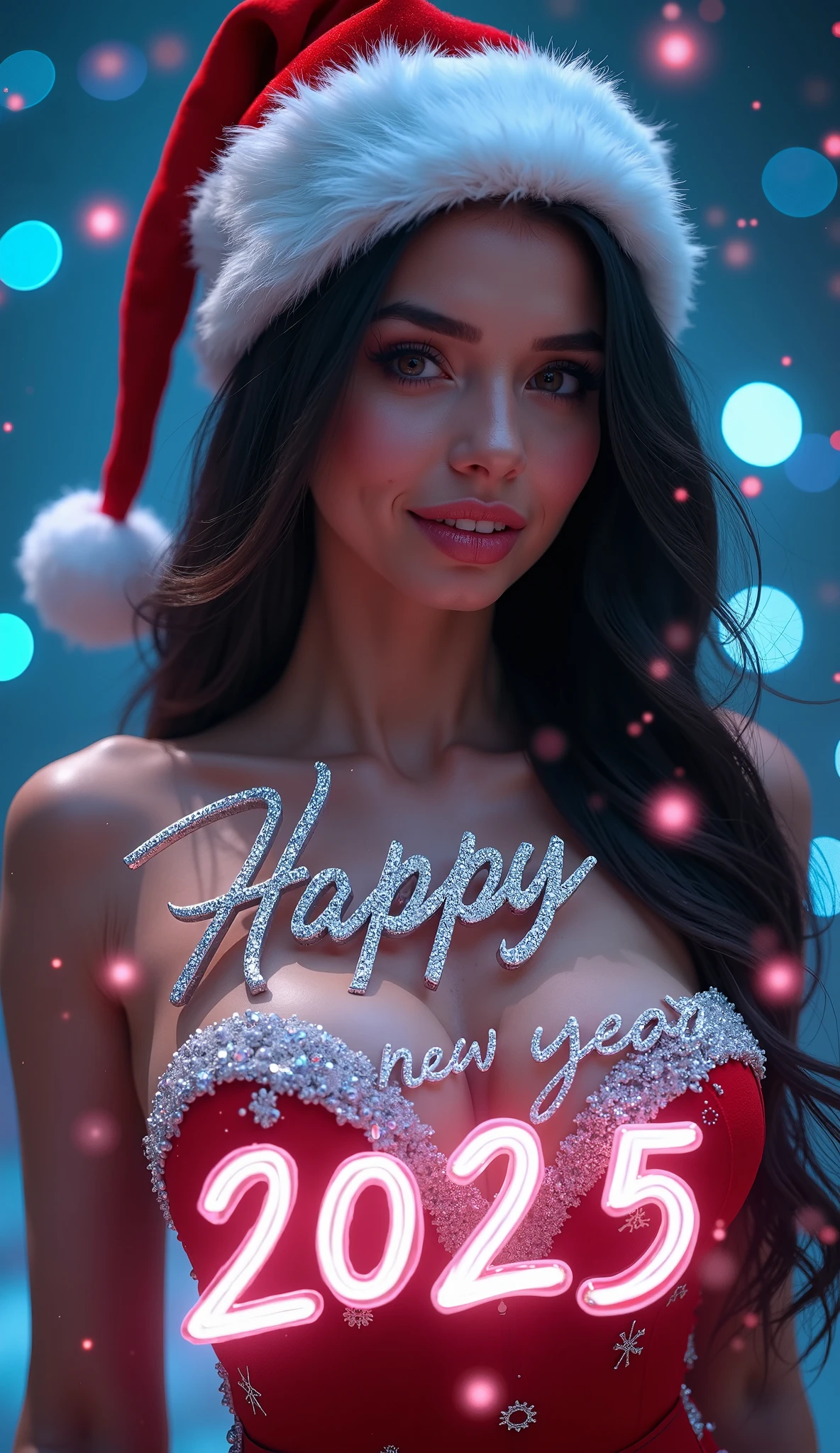 My text. "Happy new year 2025" is shown behind a woman. full body, sexy latina girl of 20 years old, Big breasts, sexy face, sexy lips. The name "Happy New year 2025" is in the foreground in silver calligraphy and is depicted with flickering magical flames in neon blue and sprinkled with pink roses. The woman hair long and smooth, dark hair, she is smiling seductively and sweetly, photorealistic, very detailed photo, cinematic, Santa dress and Santa Hat