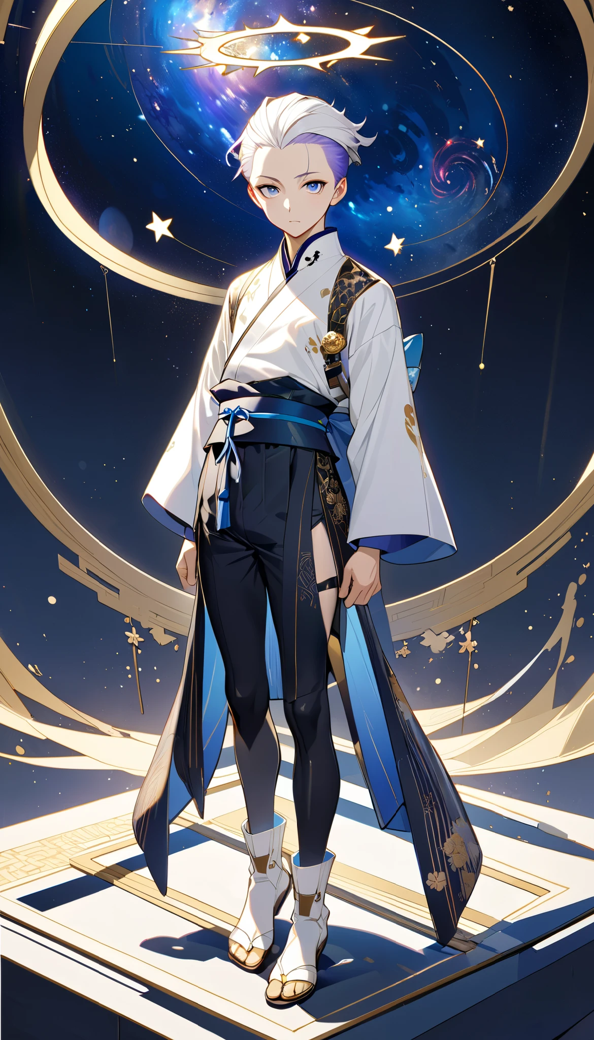 Fresh illustration,
Ultra-fine drawing,
Very delicate illustration,
Very fine details,
One boy,
Full body,
Standing motionless,
Both arms slightly bald,
Height 158cm,
Fair skin,
Right eye is purple,
Left eye is blue,
Odd eyes,
Heterochromie iris,
Beautiful eyes,
Large black pupils,
Slicked back hairstyle,
Short hair,
Blue roots and white hair elsewhere,
Gradient hair,
Shiny hair,
Cute face,
Pretty face,
Shiny halo on back of head,
Raised eyebrows,
Kimono upper body,
Japanese clothing upper body,
Masculine build,
Six pack,
Very small breasts,
No breasts,
Chinese dress lower body,
Black obi,
White clothes overall,
Good taste with gold thread embroidered with fine embroidery,
clothes made of high-quality fabric,
jock straps,
thigh straps,
thigh straps digging into the skin,
white long boots,
shoe toes are Japanese-style,
five fingers on hands and toes,
thin waist,
thin legs,
isometric,
golden ratio,
divine atmosphere,
wearing an indigo-colored stand-up collared inner,
outer space,
galaxy,
countless small stars,
tactical use of shadows,
headband and hair do not extend beyond the frame,
clothes do not extend beyond the frame,