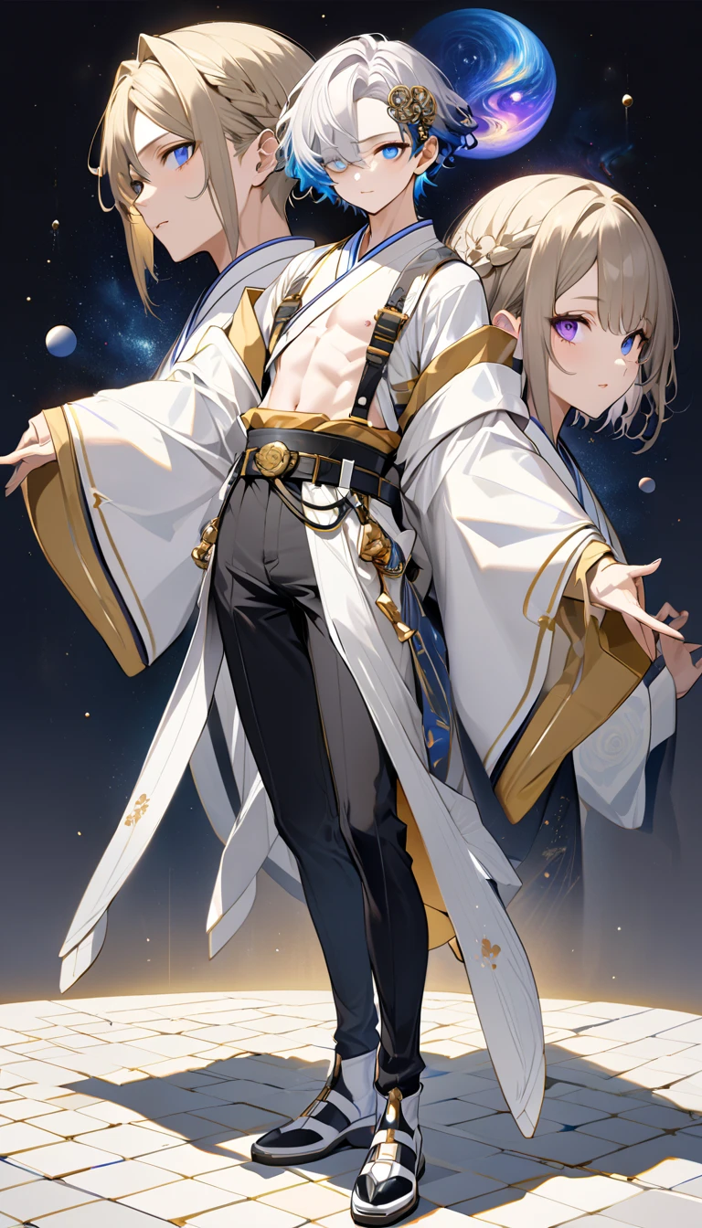  fresh illustration ,
Superfine painting,
 very delicate illustration ,
 Very fine details ,
 one boy,
 full body view,
 upright immobile,
Both arms are small ,
Height: 158cm,
 white skin,
Right eye is purple ,
Left eye is blue,
 odd-eye,
Heterochromia Iris ,
 beautiful eyes,
 large black pupils ,
 all back hairstyle ,
 short hair,
 Only the root of the hair is blue and the others are gray ,
 The hair has a gradation ,
 shiny hair with makeup,
 cute faces ,
 pretty face
There is a shining angel ring on the back of the head,
 raised eyebrows ,
The upper body is in a kimono ,
 upper body is Japanese dress ,
 masculine body ,
 Six Pack ,
Super small breasts,
No boobs,
 lower body Nadres ,
The color of the belt is black ,
Overall white clothes ,
 The hair is tastefully embroidered with gold thread ,
 fine fabric clothing ,
 jockstrap,
 thigh strap ,
 thigh strap は肌に食い込んでいる,
 white long boots ,
 There are countless Japanese style ,
 number of fingers on the hands and feet ,
 thin waist,
 thin legs ,
Isometric,
Golden Ratio,
god々 like atmosphere,
 The hair is grayed out ,
 outer space ,
Milky Way,
Little Star々 upper body ,
 tactical use of shadows ,
 The rings of the head and hair don't stick out of the angle of view ,
 Clothes don't stick out of the angle of view ,
