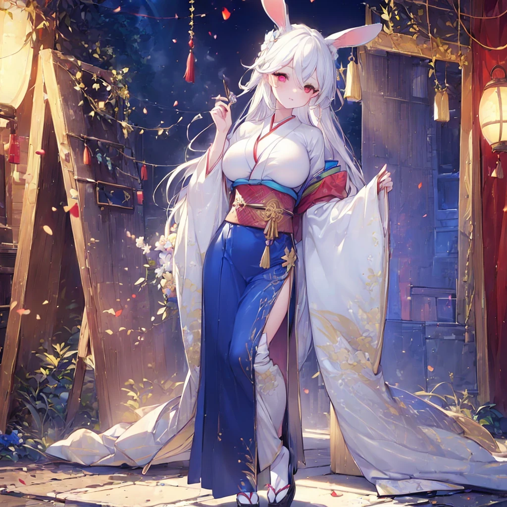 ((((Hand Repair,Foot repair)))),masterpiece,8k,(((( 1 girl)))), beautiful girl,City Background,((((full body shot,very wide shot,Rabbit Ears,I'm hiding my ears with my hair)))),(((Perfect white hair, long hair))), (((((Highlight Eyes, rainbow heterochromia, Golden Eye Right Eye,Red Eye Left Eye , kimono,she wearing a blue color furisode,Big Breasts))))), facing forward 