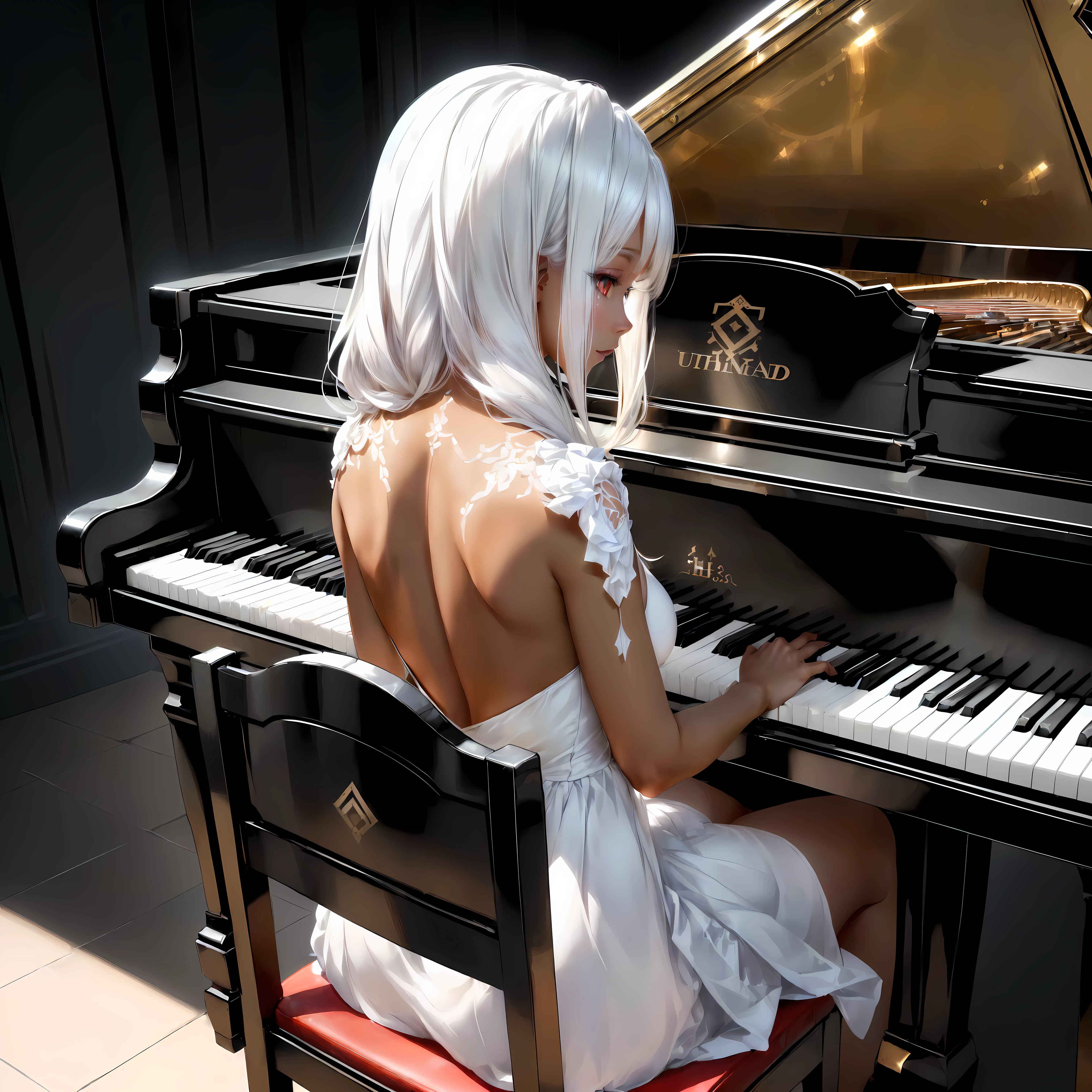 ((UHD, masterpiece:1.3, anatomically correct, textured skin, super detail, high details, best quality, highres icon, Detailed and precise manual expression:1.3, Incredibly Absurd )), 1woman\Beautiful white hair\Expressing lustrous hair, beautiful red eyes, Voluptuous body line\Brown skin shining in the light\, A dress with a wide open back\white, back, Playing the piano, Sit on a chair:1.3,  digital anime art , perfect white hair girl,  Detailed Anime Key Visuals , detailed   digital anime art ,  BEAUTIFUL ANIMATED ARTWORK ,  Beautiful digital artwork,  animated art with beautiful details 