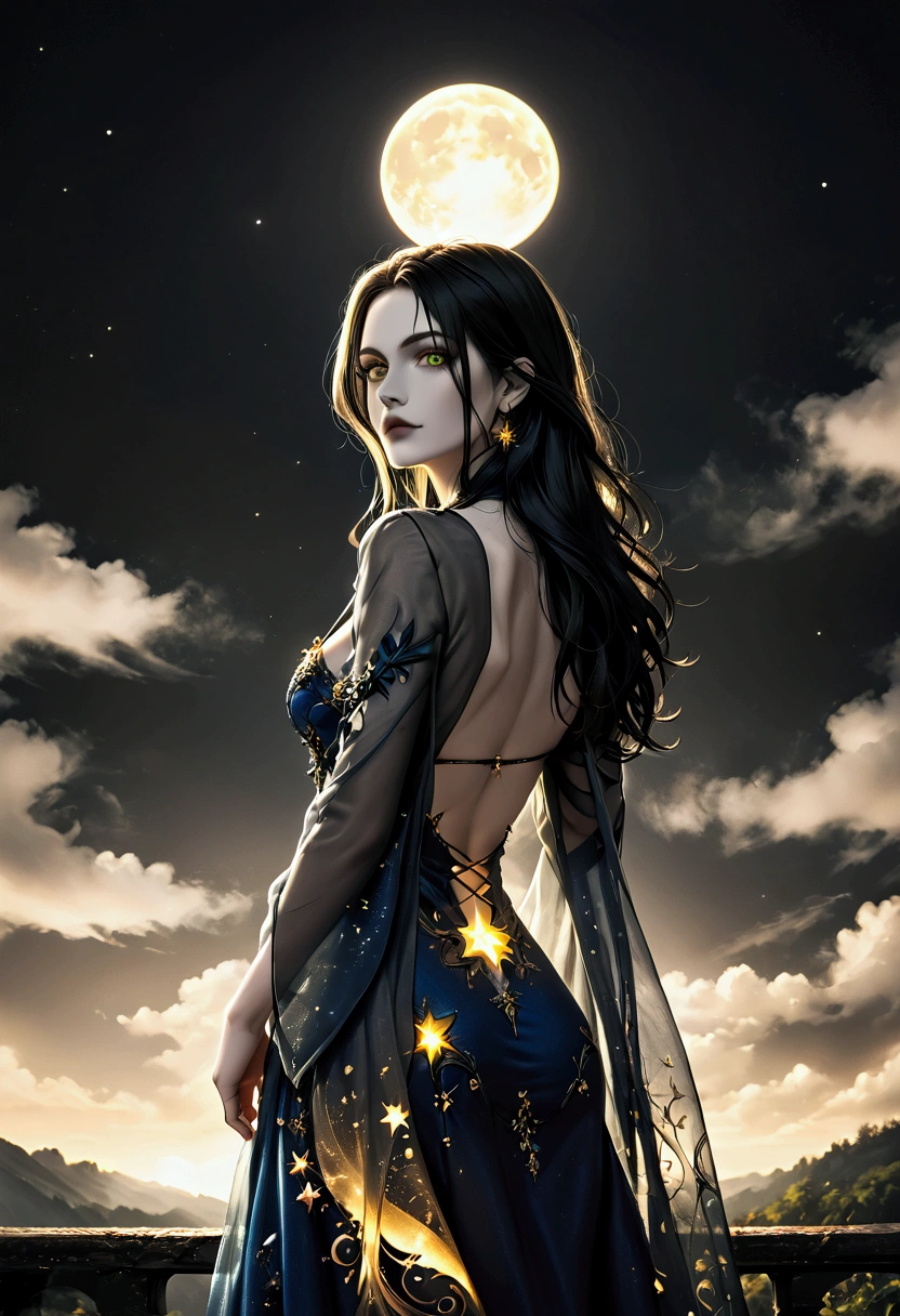 score_9, score_8_up, score_7_up, score_6_up, score_5_up, score_4_up, (black and white art: 1.5) mostly black and white, a picture of a beautiful vampire, long hair hair, green eyes, wearing dark blue dress, with yellow glowing stars on it,  backless dress,  small cleavage, it is night, the moon in the sky, picture taken from the rear (only colors are the coat and the eyes)