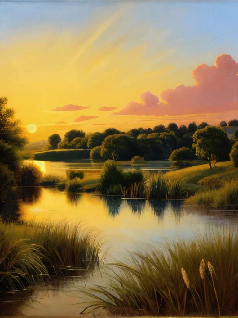 painting of a lake with reeds and a sunset in the background, by rainer hosch, by Harold Sandys Williamson, by Wilhelm Sasnal, steven outram highly detailed, bullrushes, by Norman Saunders, by Fred Williams, by Lajos Bruck, by Emil Orlik, by Lars Jonson Haukaness, by Bob Ross