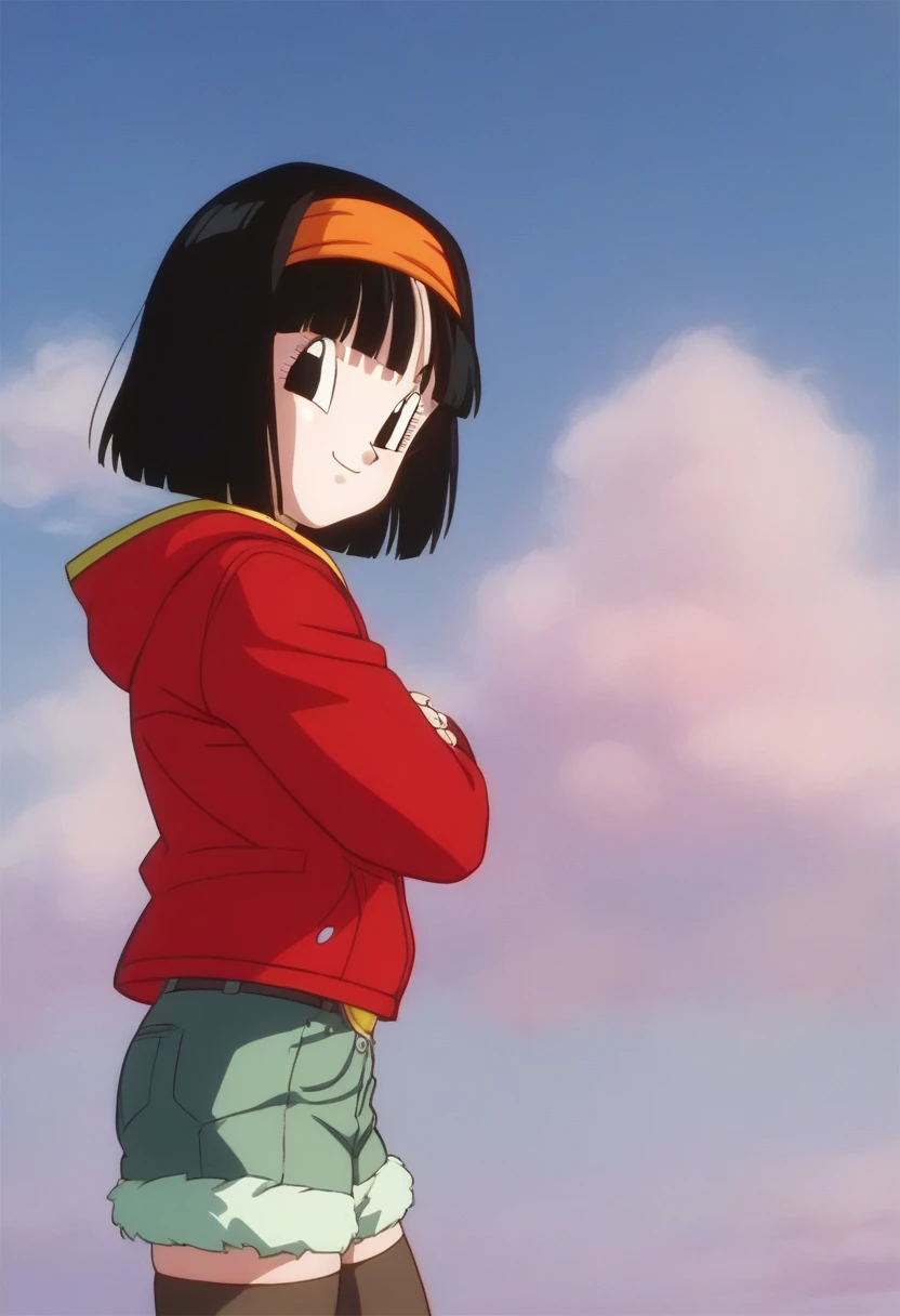 source_anime, score_9, score_8_up, score_7_up, anime screencap, absurdres, high quality,
pan \(dragon ball\), xeno, official style, 1girl, solo, looking at viewer, black eyes, smile, closed mouth, short hair, black hair, bangs, orange hairband, red jacket, (green short shorts), long black stockings, from side, dusk, cloudy sky, outdoors, portrait, close-up, single brown kneepads, 
 