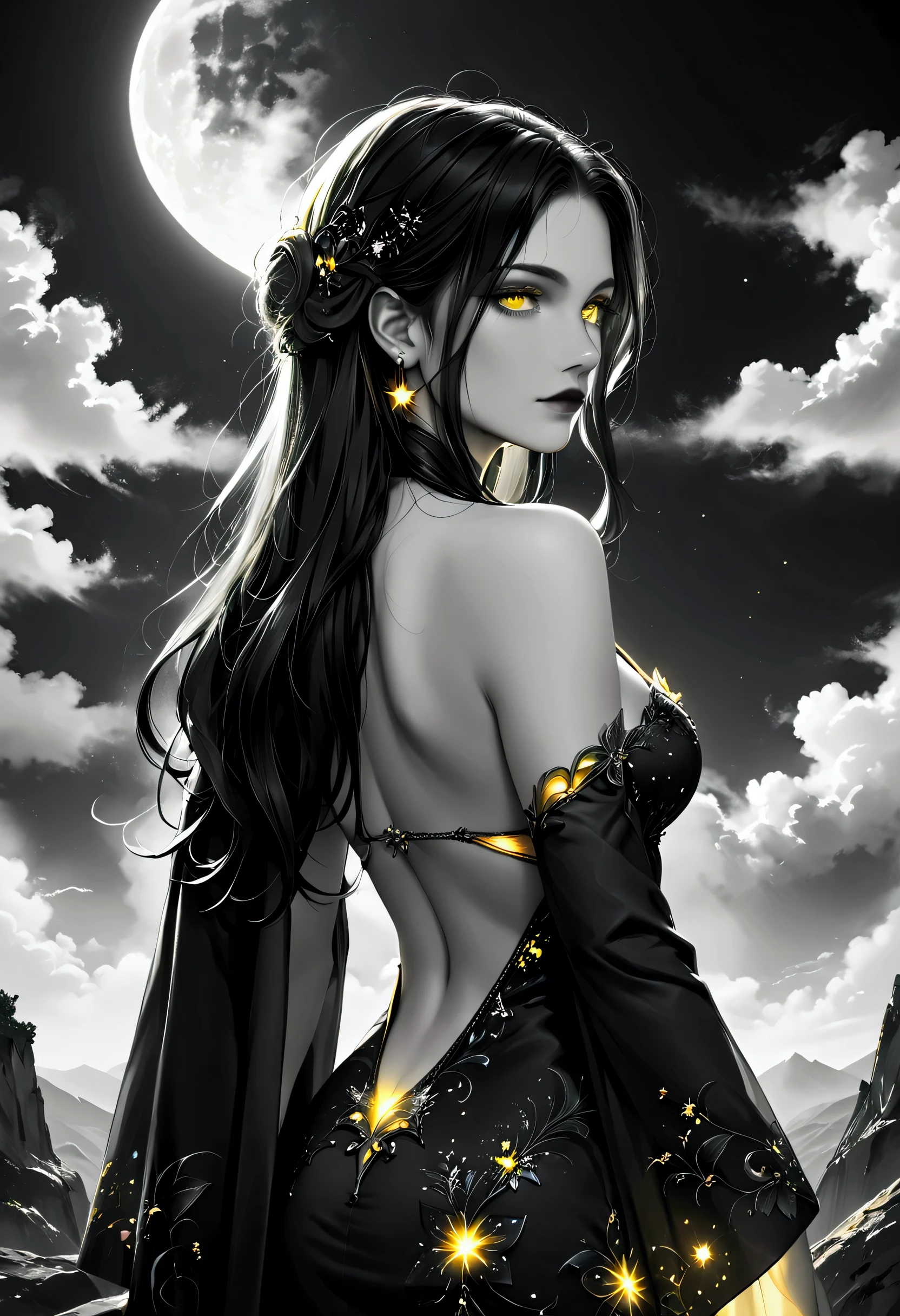 score_9, score_8_up, score_7_up, score_6_up, score_5_up, score_4_up, (black and white art: 1.5) mostly black and white, a picture of a beautiful vampire, long hair hair, green eyes, wearing dark blue dress, with yellow glowing stars on it,  backless dress,  small cleavage, it is night, the moon in the sky, picture taken from the rear (only colors are the coat and the eyes)