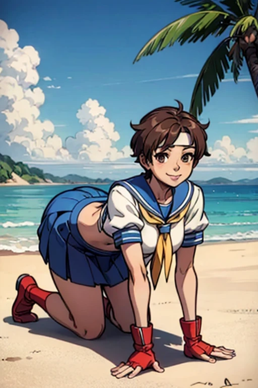 Kasugano Sakura,  brown eyes,  Short Brown Hair ,  white headband ,  sailor color , School, Short sleeve, belly button,  blue skirt, Red gloves,  viewers, smile, , Mid Shot,  outside, crowd,  sandy beach,  High Quality ,   Masterpiece  , (all fours),(side from),