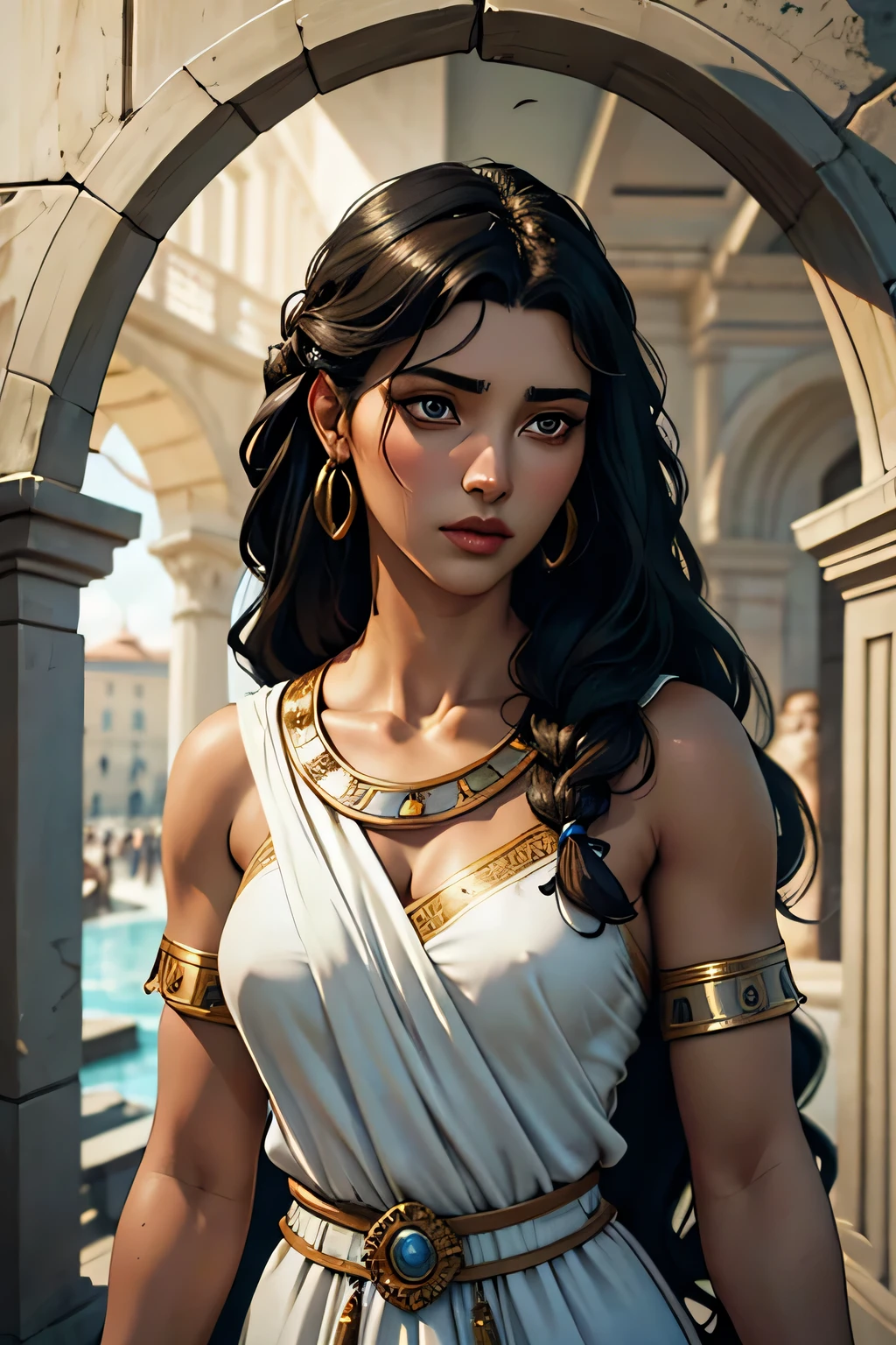 Beautiful ancient roman woman with brown skin, long black hair in a roman hairstyle, dressed in a white tunic with a blue palla, portrait, elegant, High Resolution, Masterpiece, Accurate, Anatomically Correct, Award Winning, Detail, 