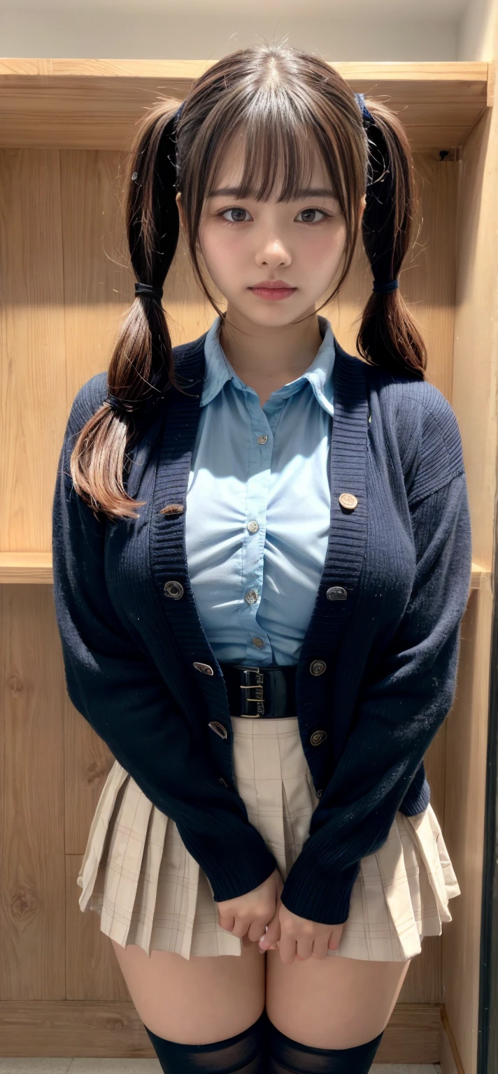 ((top-quality、in 8K、masterpiece:1.3, Photorealsitic:1.3, )), (((white ribbed panties:1.3, Inter-strands, twintails hairstyle))), Japan schoolgirl, 1 female, A dark-haired, With bangs, Undersized breasts, (Japan schoolgirl uniform, Dark blue socks, Thicker thighs, Open crotch), a baby face:1.2, with round face:1.1, Highly detailed facial and skin texture, A detailed eye, Detailed lips、Highly detailed hair depiction, Natural makeup:1.2, nose blush, from below, Slave collar