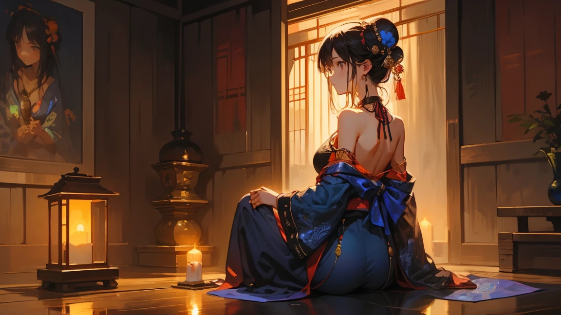 A girl, 1 girl, elaborate navy blue kimono, slightly low back collar revealing her neck, elaborately decorated ancient-Japanese style bun, black eyes. pose: sitting, head slightly bowed, playing the shamisen. Setting: traditional Japanese wooden room, wooden floor, Japanese style candle holder. Candle light, dim, soft, orange light, with shadows.