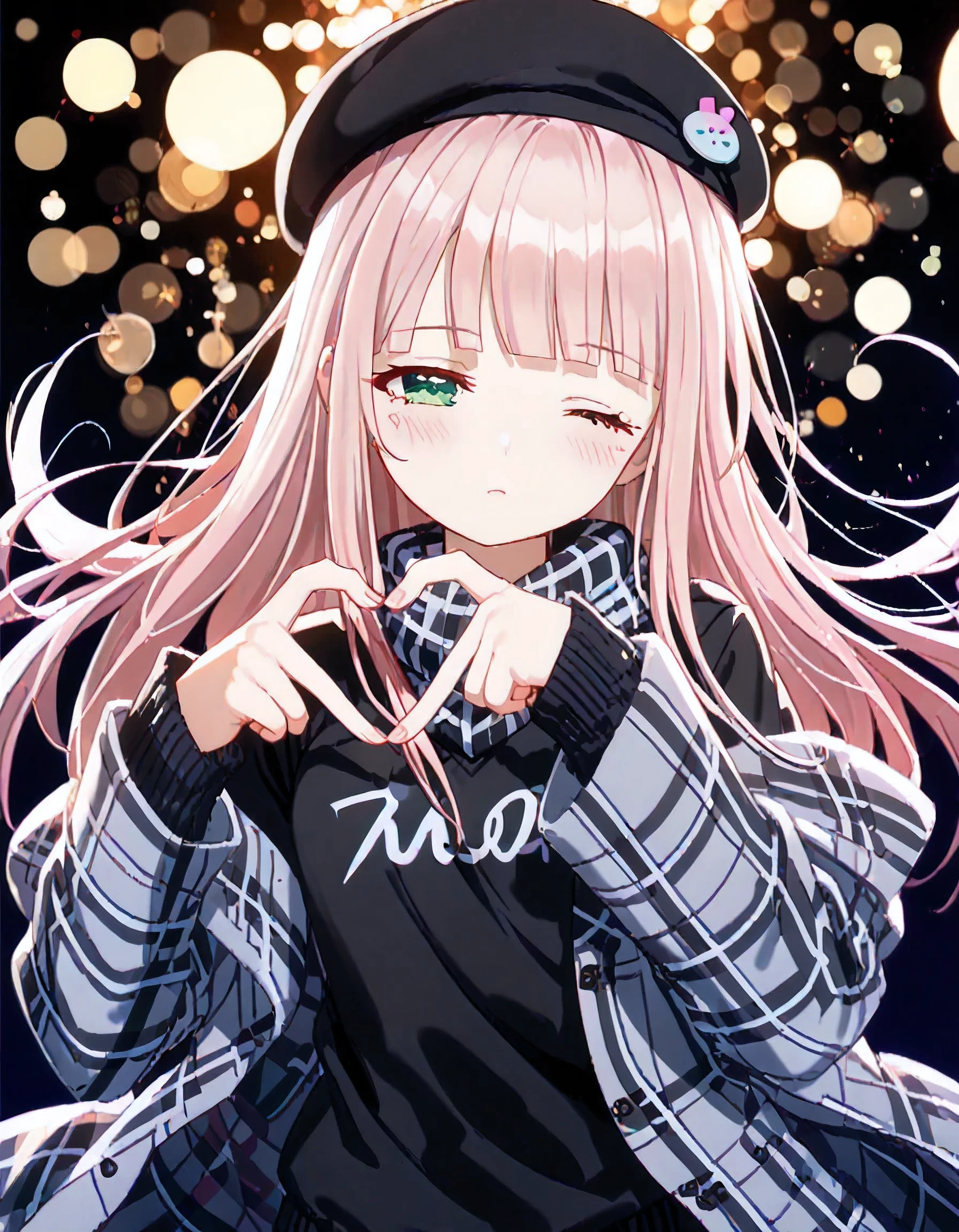 luzao\(EOE\),one girl,solo,best quality, masterpiece, ,,break,1girl,(front bokeh,upper body shot,blur background),,break, super detailed skin,very high resolution, very aesthetic, by famous artist, 8k, 16k,,beauty illustration,photoshop_(large),,(night,weak Lighting),best wallpaper,(green eyes,half-closed eyes,one eye closed,),(light_pink hair|Detailed hair|blunt bangs|shiny hair|sidelocks|slut strands),(off shoulder,gray large coat,long sleeves,black sweater, flannel scarf),(emotionless,blush,),black beret,from above,(
4-finger heart hands, heart hands on right breast,on chest),