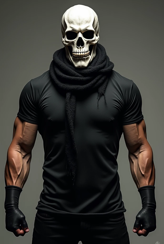 A skull with a skull face with a horn on its head facing backwards, its skull torso wearing a black cape without a hood, the lining of its cape is white on the inside, its torso is made of bone, its hands are made of skulls, its feet are those of an ox, wearing pants black and holding a bone cane in her right hand