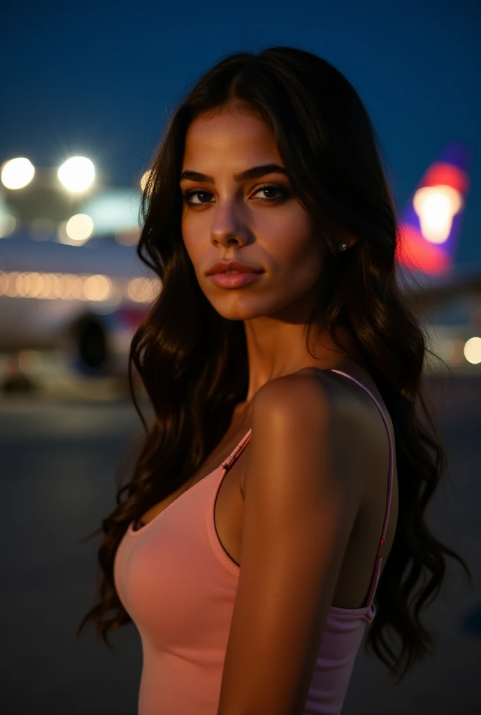 jovem 18 anos, Beautiful, (((Novo))), ((no-bra)), sem calcinha, inspirado em prostituta, Flight attendant, corpo escultural, olhos azuis, Cabelo longos, cabelos loiros , confident expression, (Pose de prostituta), passeando elegantemente pelo corredor da cabine, com um sorriso radiante, interacting with passengers caressing their private parts, luzes suaves iluminando o ambiente, windows with stunning views of the night sky of the city of Dubai,